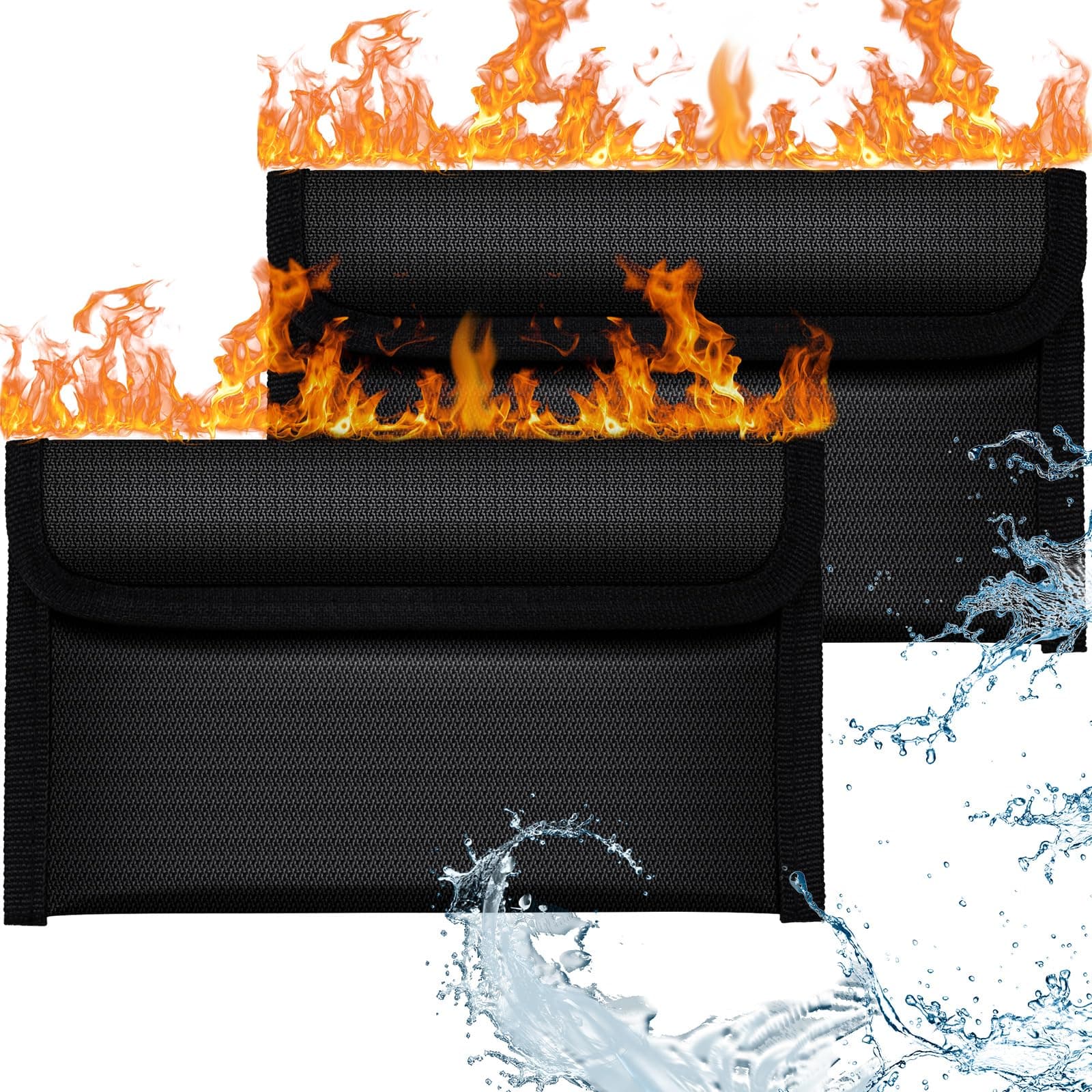 OFFCUP Fireproof Document Bag, 2pcs 8x4.6 Inches Money Fireproof Bag, Solid Silicone Coated Waterproof and Fireproof Safe Storage Bag with Zipper for Cash, File, Passport, Valuables Box (Black)