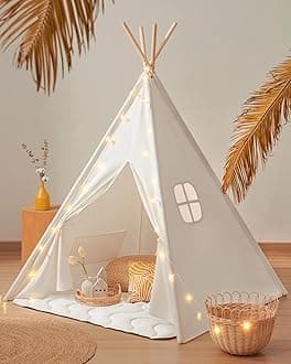 Tiny Land Teepee Tent for Kids with Padded Mat, Light String & Carry Case, Foldable Play Tent for Indoor Outdoor, Washable Tipi Tent for Sleepover, Reading Nook, Portable Playhouse - Raw White Canvas