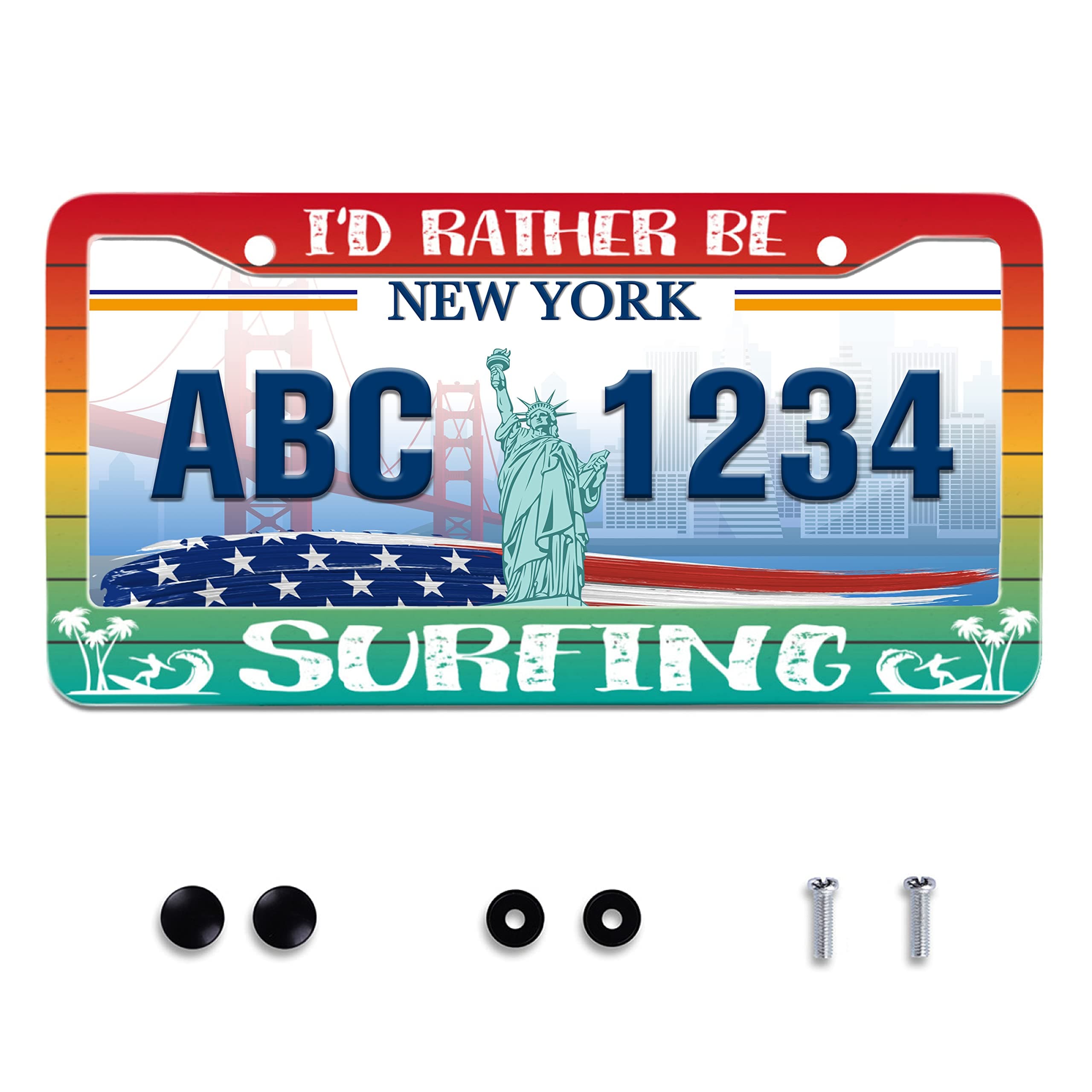 I'd Rather Be Surfing License Plate Frame Surfer License Plate Holder Stainless Steel Rust-Proof Auto Parts Decoration with Screws License Plate Cover for Men Women Youth 12x6 Inch