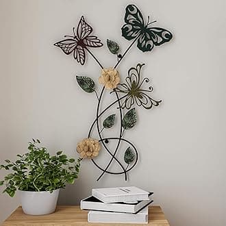Floral Butterfly Metal Wall Art - Rustic Butterflies with Burlap Leaves and Flowers for Modern Farmhouse Living Room Decor By Lavish Home (Multicolor)