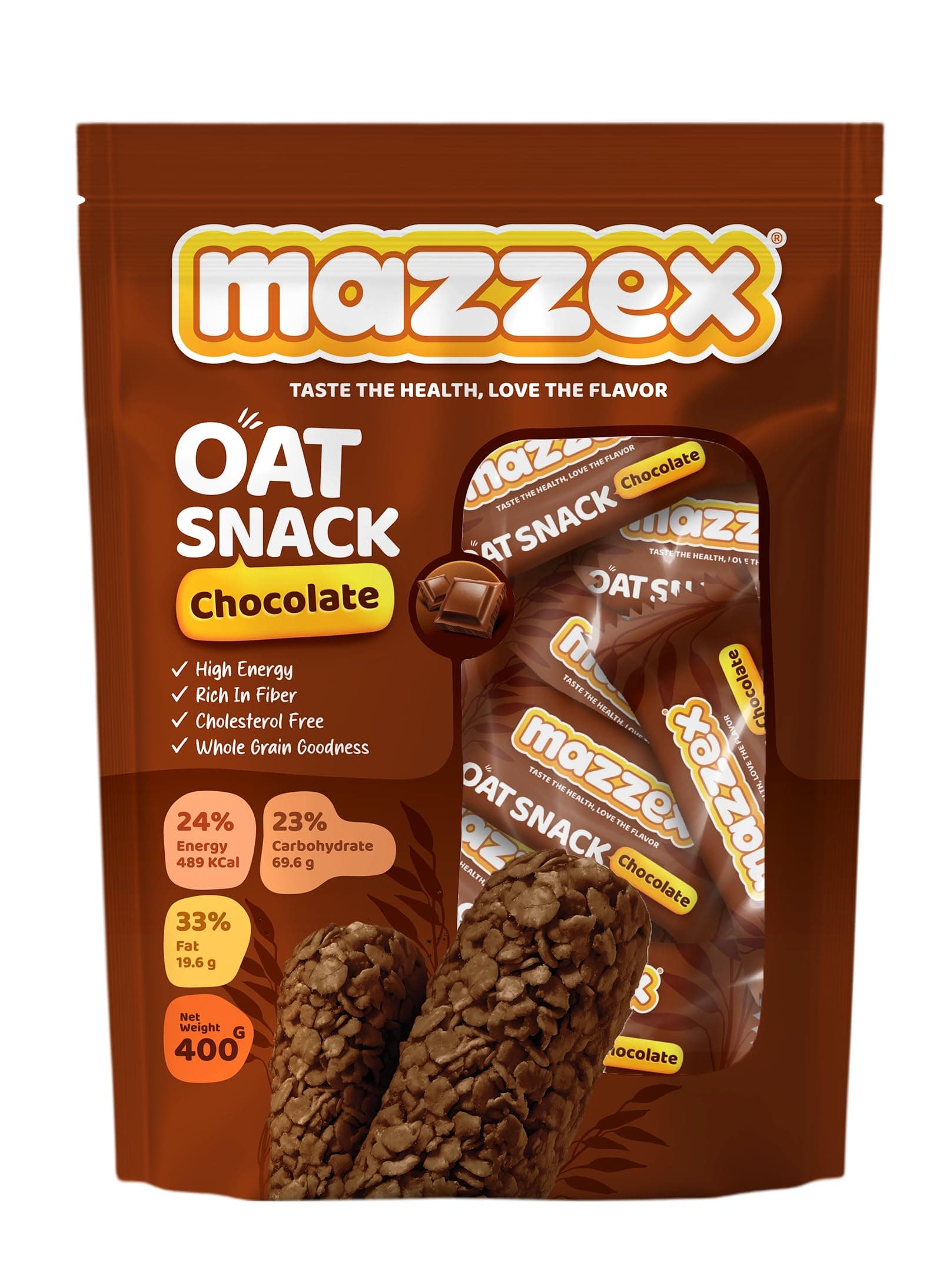 Mazzex Chocolate Oat Snack 400g (40 Bars) | Low-Calorie High-Fiber Healthy Snack | Crunchy Chocolate Oat Bars, Ready-to-Eat for Breakfast, Energy, and On-the-Go Snacking for Kids & Adults
