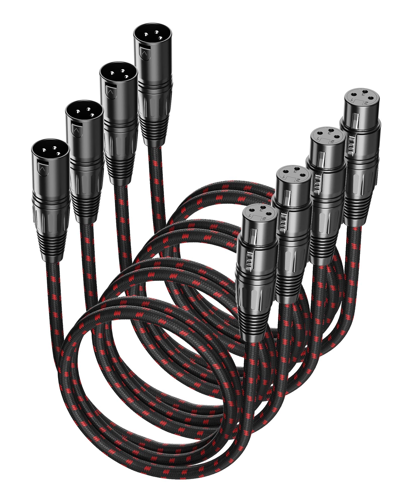 XLR Cables 3 FT 4 Pack, XLR Microphone Cable Male to Female, Nylon Braided, Compatible with Microphones, Mixer, Speaker Systems and More, Black-Red