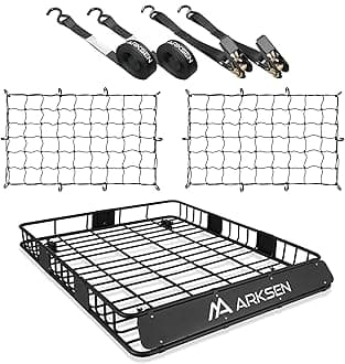 ARKSEN 64 x 50 x 6 Inch Universal Extra Wide 150LB Heavy Duty Roof Rack Cargo Basket with 2 Nylon Cargo Nets, 2 Ratchet Straps, Car Top Luggage Holder Carrier for SUV, Truck, & Car Steel Construction