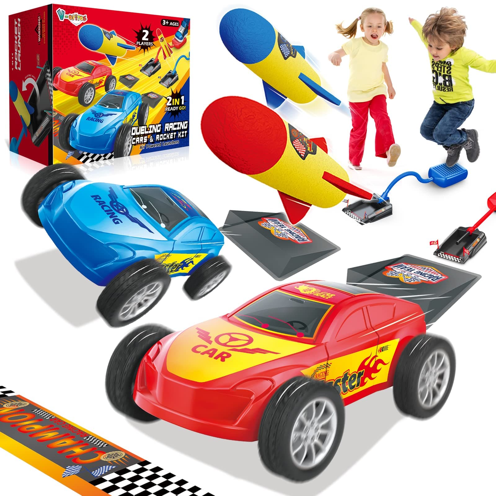 V-Opitos 2 in 1 Rocket & Racing Car Launch Toys for Kids Age of 3, 4, 5, 6, 7, 8 Year Old Boys & Girls, Set of 2 Air Launcher Toys for Outdoor & Indoor Game, Ideal Christmas & Birthday Gift