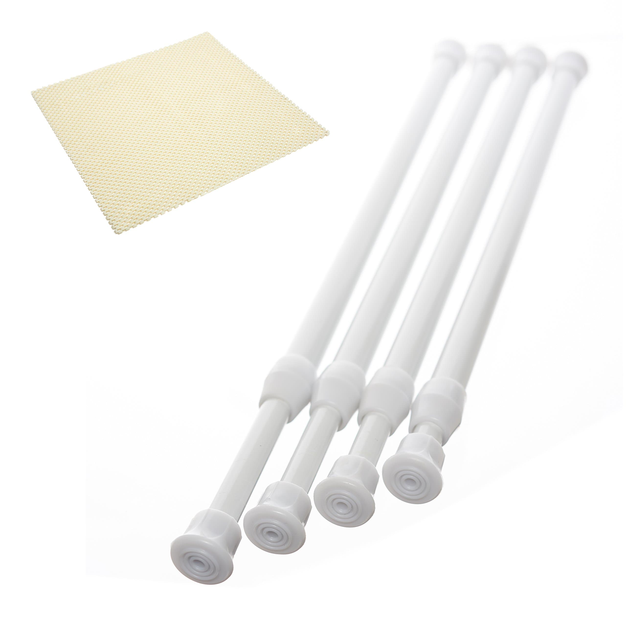 4 Pack Cupboard Bars Adjustable Spring Tension Rods 30 to 50 cm, White, Comes with a Non Slip Shelf Liner