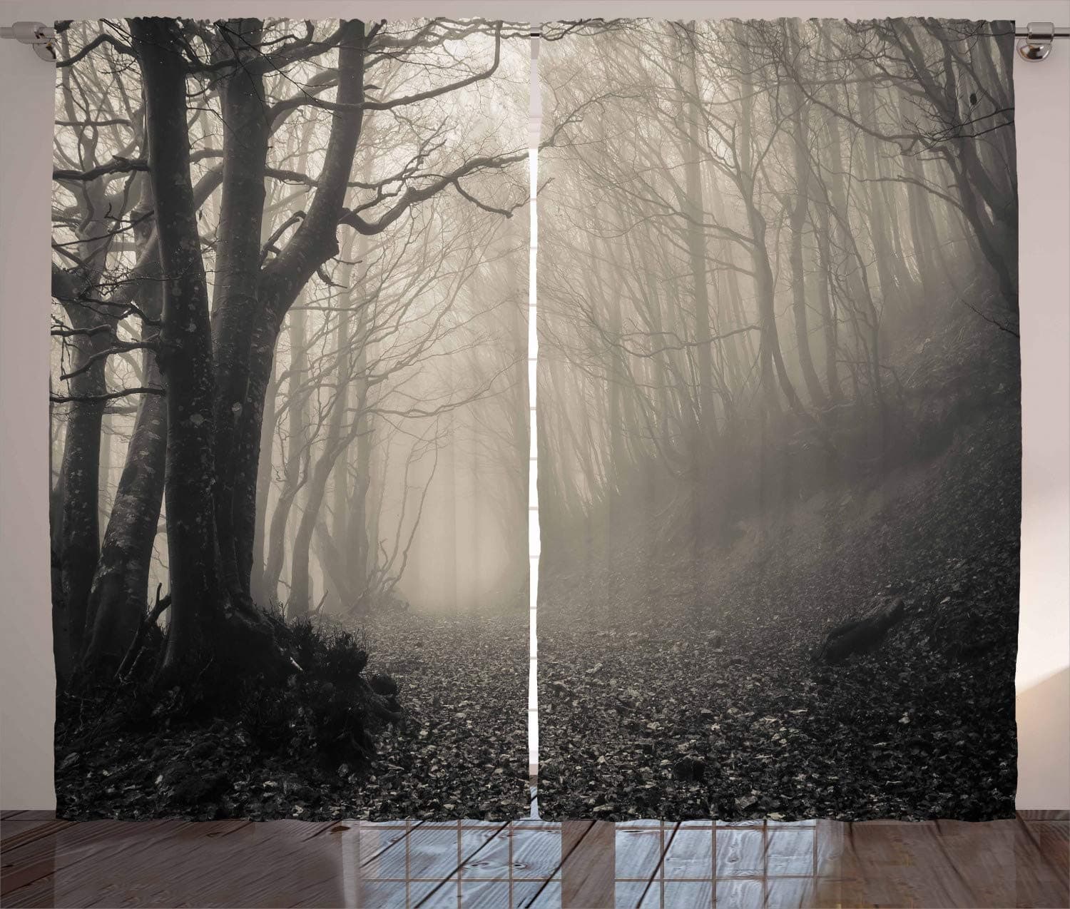 Ambesonne Gothic Curtains, Pathway on The Gothic Forest Trees Trough Foggy Mysterious Nature Monochrome Artwork, Living Room Bedroom Window Drapes 2 Panel Set, 108" X 84", Beige