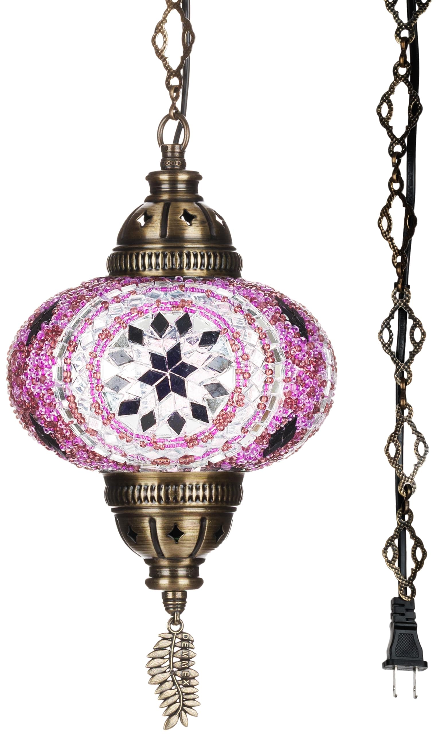DEMMEX Authentic Turkish Plug in Light, Handmade in Turkey, 6.5" Globe, Turkish Moroccan Mosaic Swag Plug in Ceiling Hanging Pendant Light Fixture, 15ft Cord & Decorated Chain (Lilac)