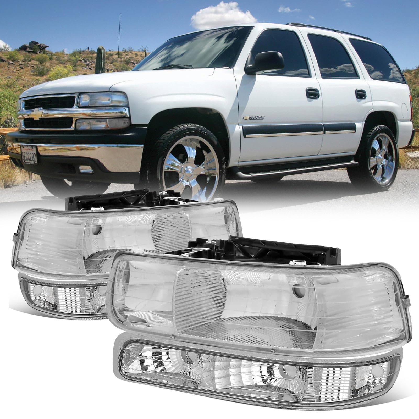 Headlight Assembly Compatible with 1999-2002 Chevy Silverado 1500 2500/2000-2006 Suburban 1500 2500 Tahoe, Headlamps with Bumper Lights, Fit OE Grill (Chrome Housing Clear Lens)