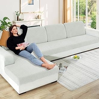 YEMYHOM 【Clearance】 Stretch Cushion Covers Long Sofa Seat Cushion Slipcovers Soft Couch Cover Replacement Large Checkered Furniture Protector with Elastic Bottom (1 Pc 3-Seat Cushion Cover, Ivory)