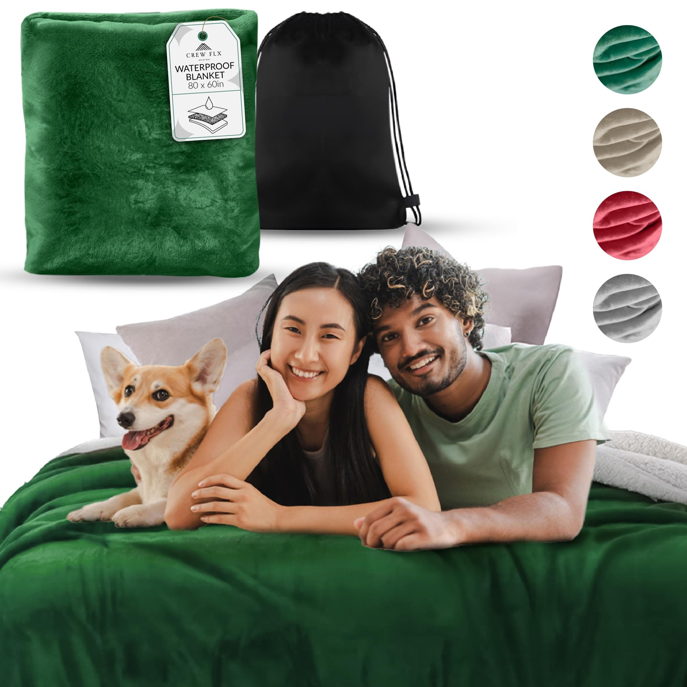 CREW FLX Waterproof Blanket for Bed Intimacy, 3 Layer Lightweight and Stain Proof Couples Blanket Waterproof Love Blankets Waterproof Pee Proof Couch Cover with Bag, Machine Washable (Green, 80x60)