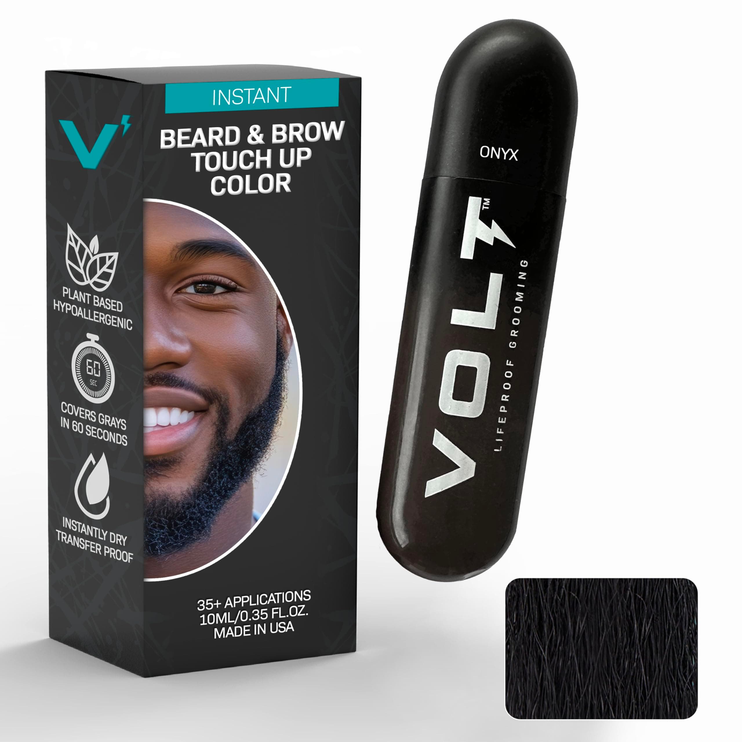 VOLT Grooming Temporary Instant Beard Color for Men, Quick Drying Plant-Based Brush On Beard, Hair, Mustache & Eyebrow Color, Safe for Sensitive Skin, Onyx Black, 1 Pack, Up to 35 Applications