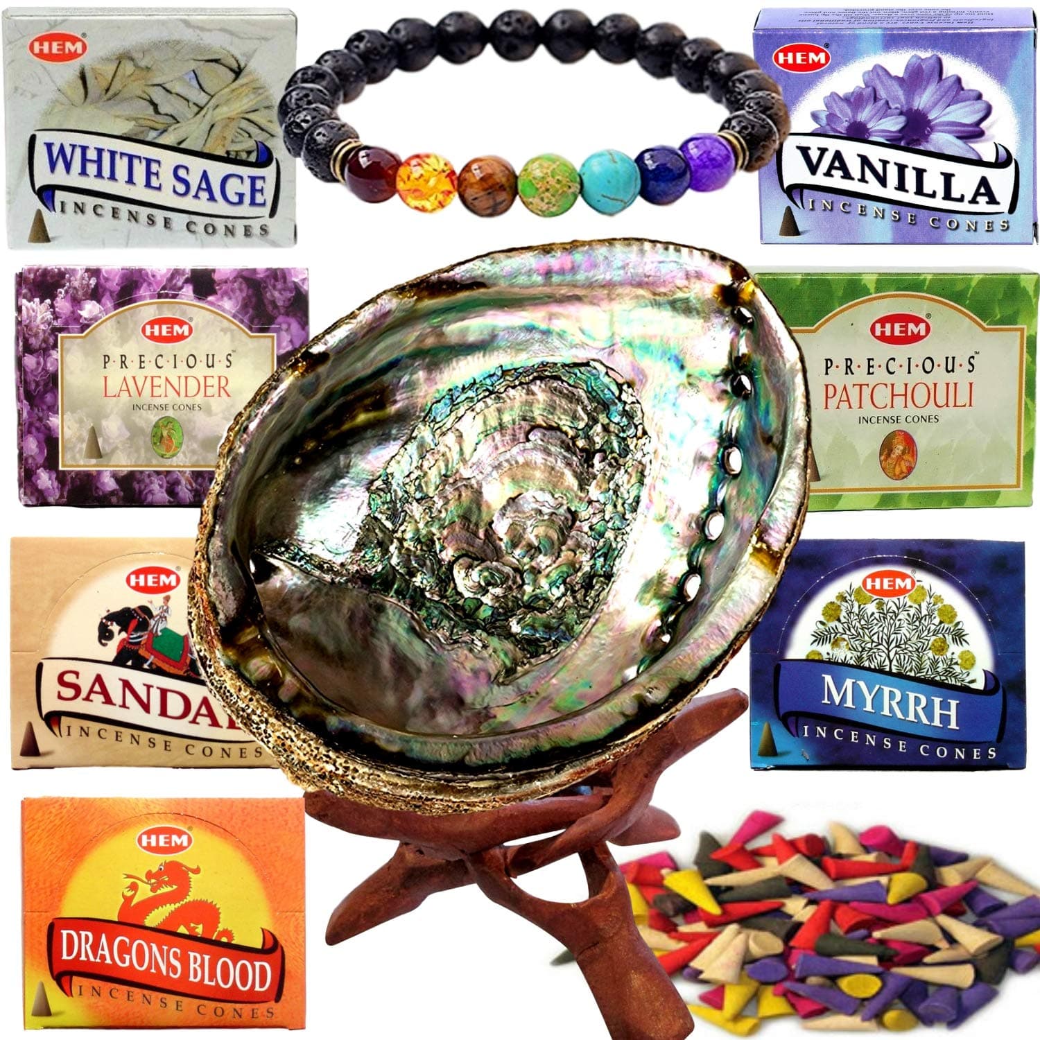Incense Cone Kit Gift Set - Large Abalone Cone Incense Burner & Stand, 7 HEM Incense Cones Variety Pack Set, Chakra Aromatherapy Bracelet,Spiritual, Relaxation, Spa & Anti Anxiety Kit -70 Cones Total
