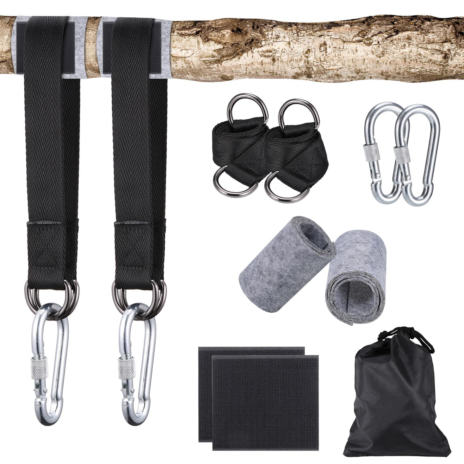 JIZZU 2PCS Hanging Kit Straps, Tree Swing Straps Hanging Kit with Tree Protectors Pads & Metal Lock Carabiner, Heavy Duty Hammock Tree Straps for Garden, Child Swing, Hammock
