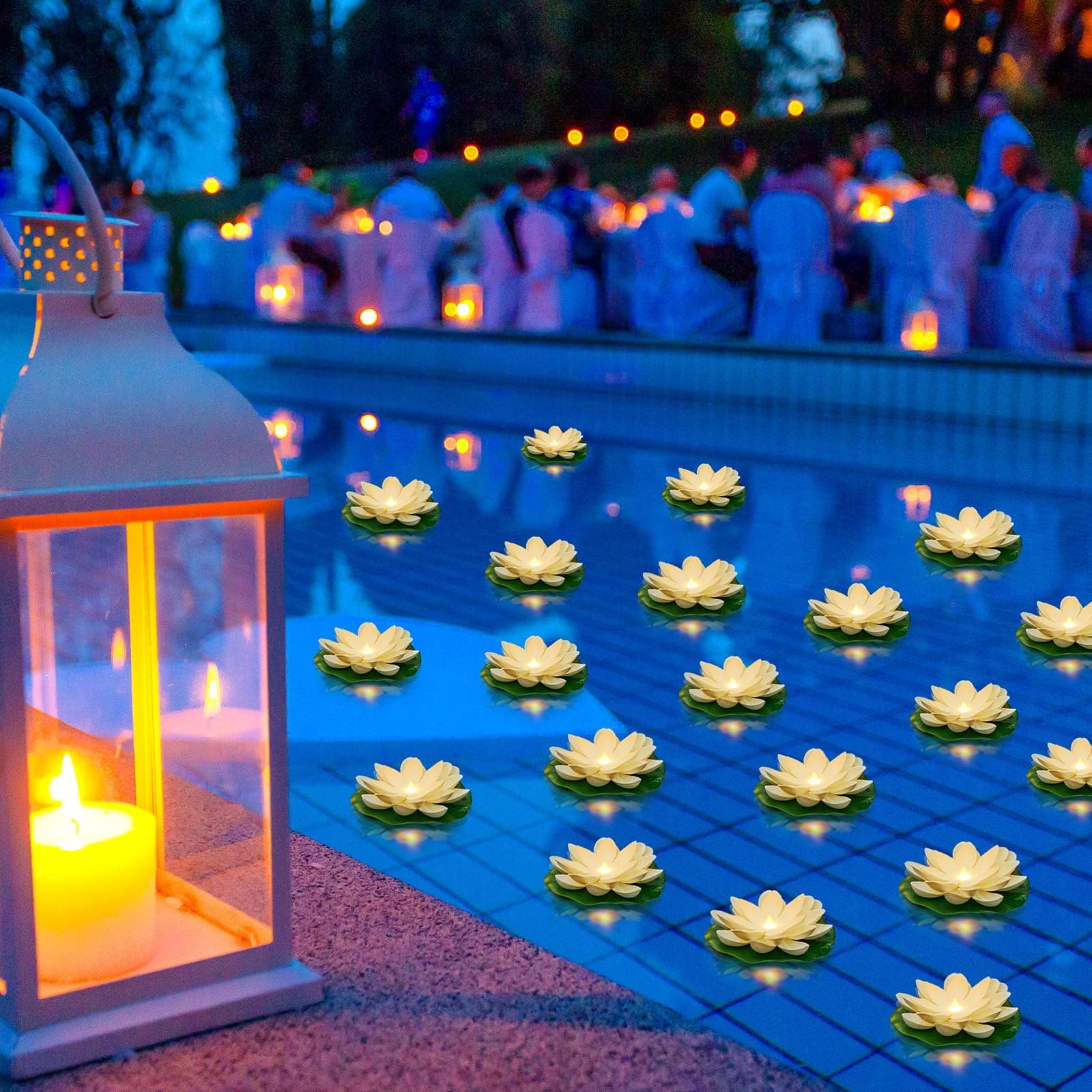 24 Pcs Floating Lights Lotus Floating Lanterns Artificial Lily Pads with LED Lights Battery Operated for Pool Party Garden & Pond Summer Decoration (3.94 Inch,White)