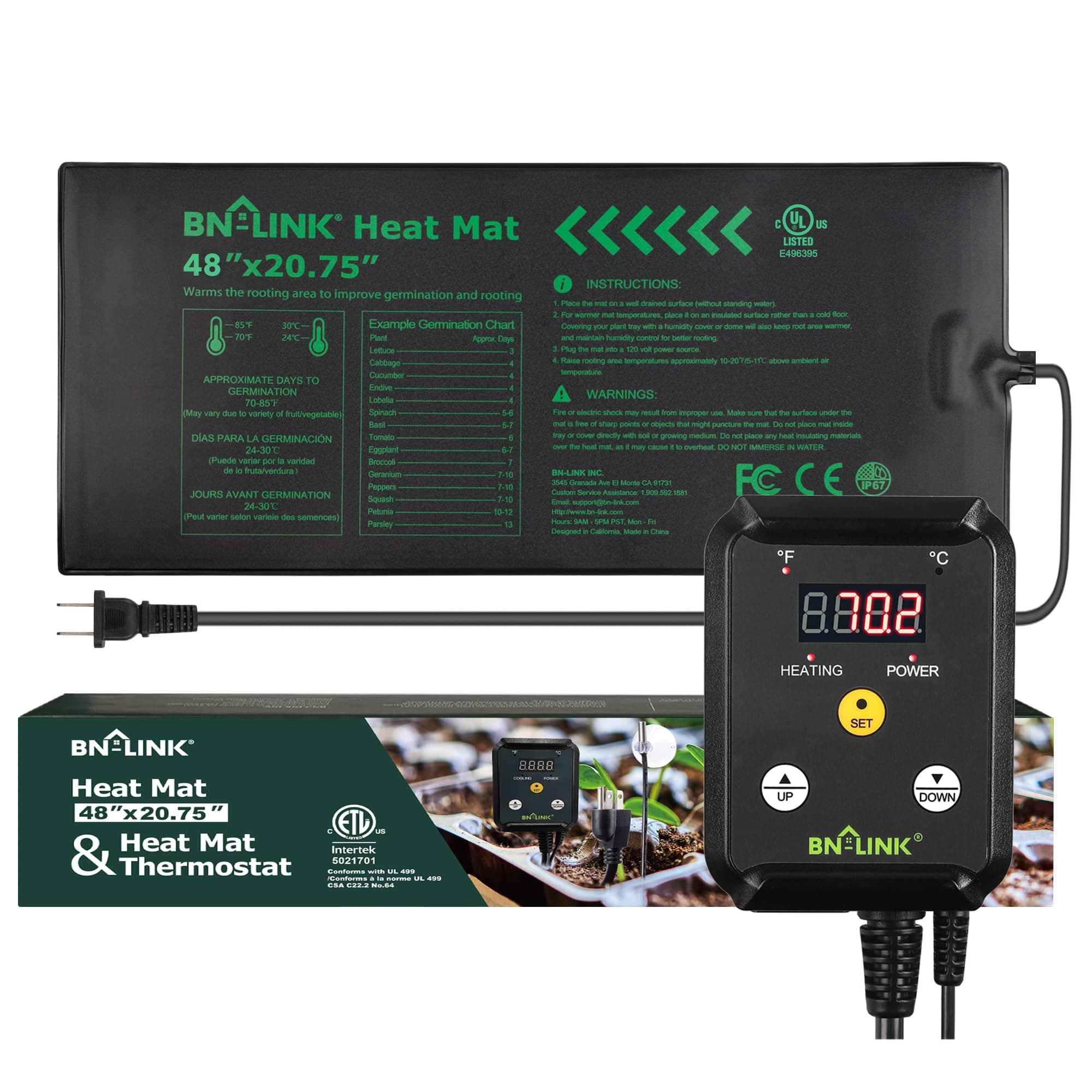 BN-Link Durable Seedling Heat Mat Heating Pad 48" x 20.75" with Digital Thermostat Controller Combo Set Waterproof for Indoor Seed Starting and Plant Germination