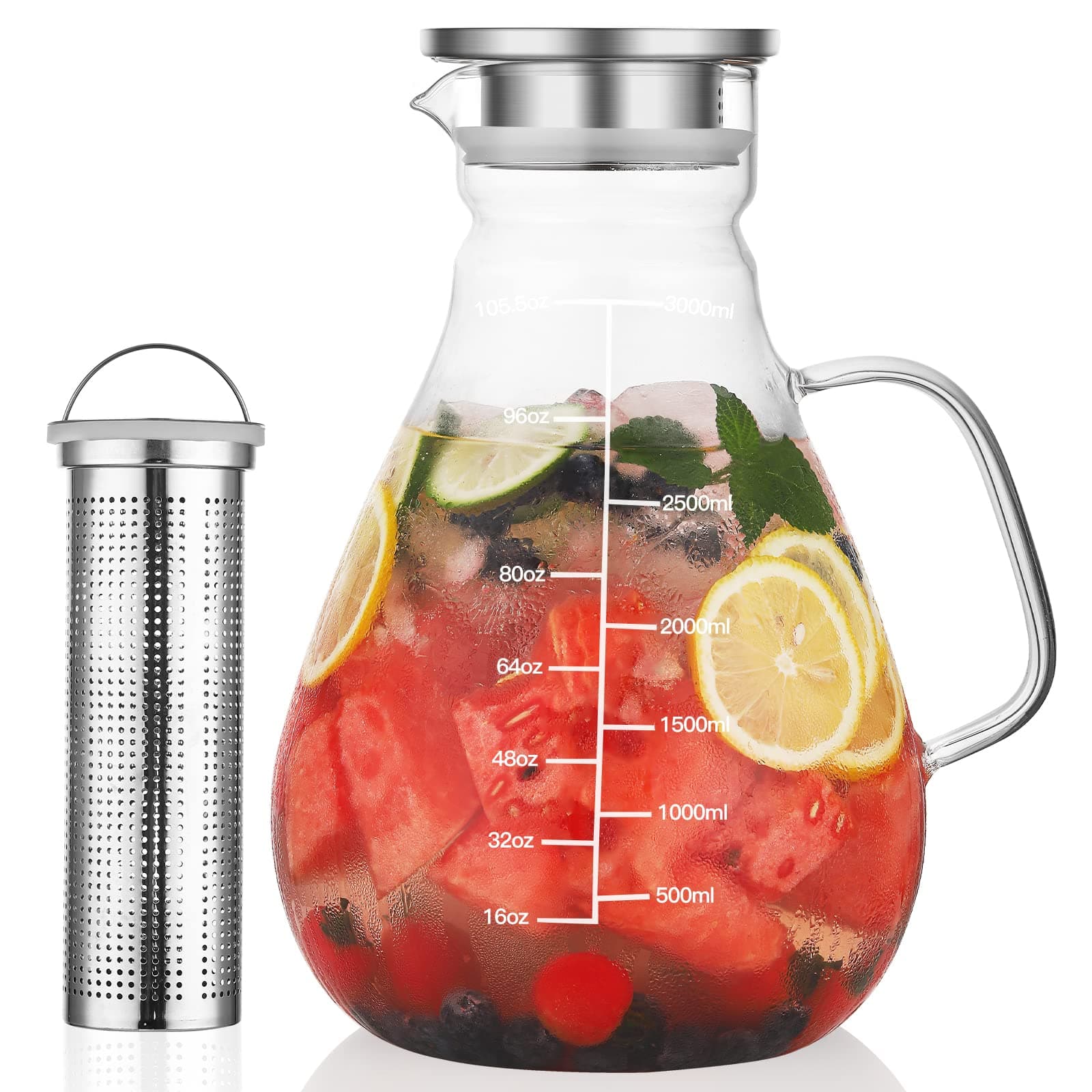 Glass Pitcher - 105.6oz Fruit Infuser Water Pitcher with Removable Lid and Precise Scale Line , 18/8 Stainless Steel Iced Tea Pitcher, Easy Clean Heat Resistant Infusion Pitcher for Cold Hot Beverages