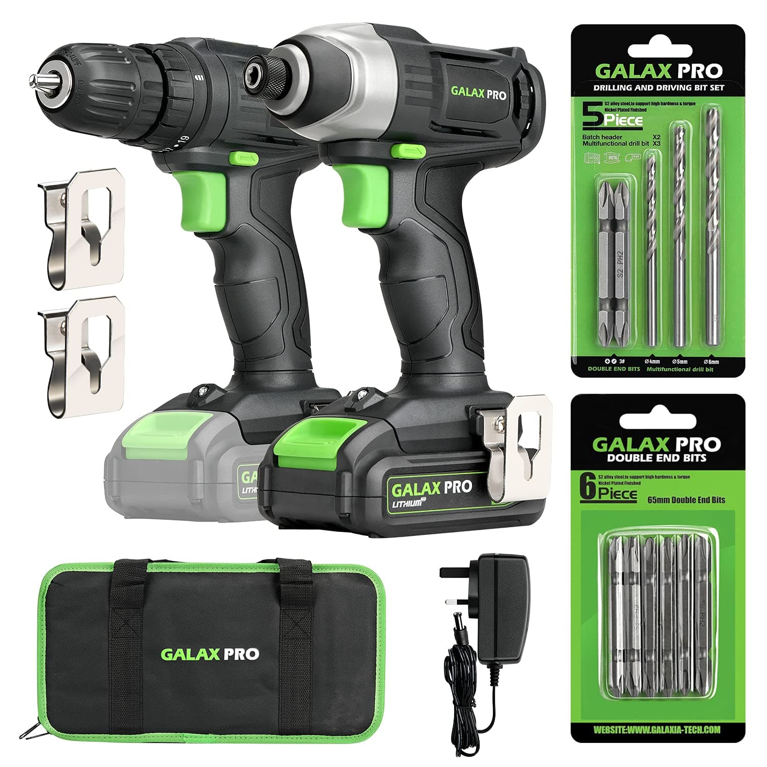 GALAX PRO D6001 20V 2-speeds Drill Driver and Impact Driver Combo Kit, Cordless Drill Driver/Impact Driver, 1pcs 1.3Ah Lithium-Ion Batterie, Charger Kit, 11pcs Accessories and Tool Bag