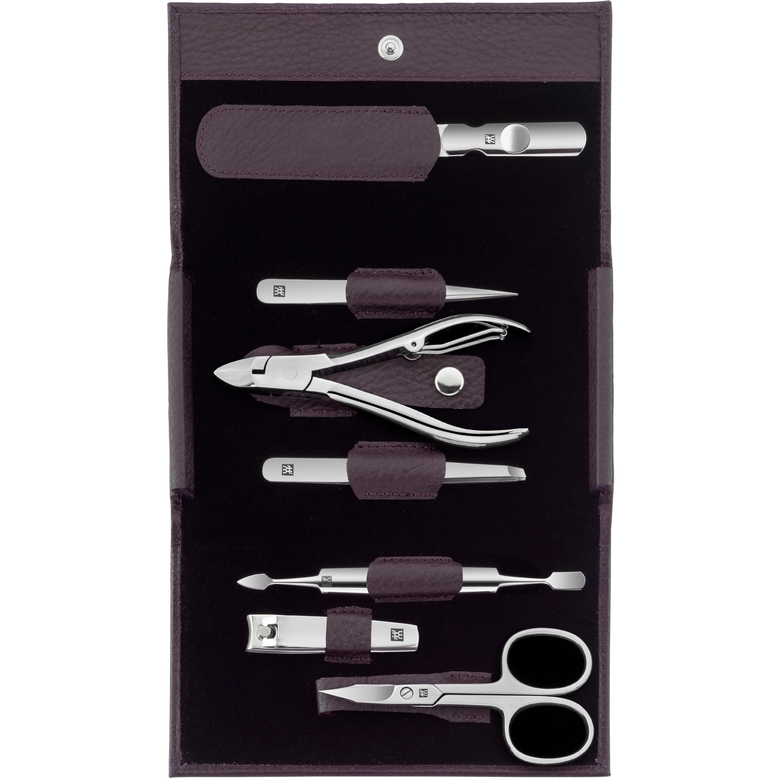 ZWILLING Beauty Classic INOX 8-pc Manicure and Pedicure Nappa Leather Case Set with Snap Closure, Nail Care Kit, Premium Travel Nail Kit, Purple