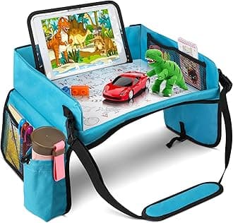 [New Version] Car Seat Organizer Kids Travel Tray for Kids Toddlers Activities in Car Seat, Stroller, Airplane | Touch Screen iPad Holder | Waterproof Dry Erase Top | Side Pocket & Water Bottle Holder