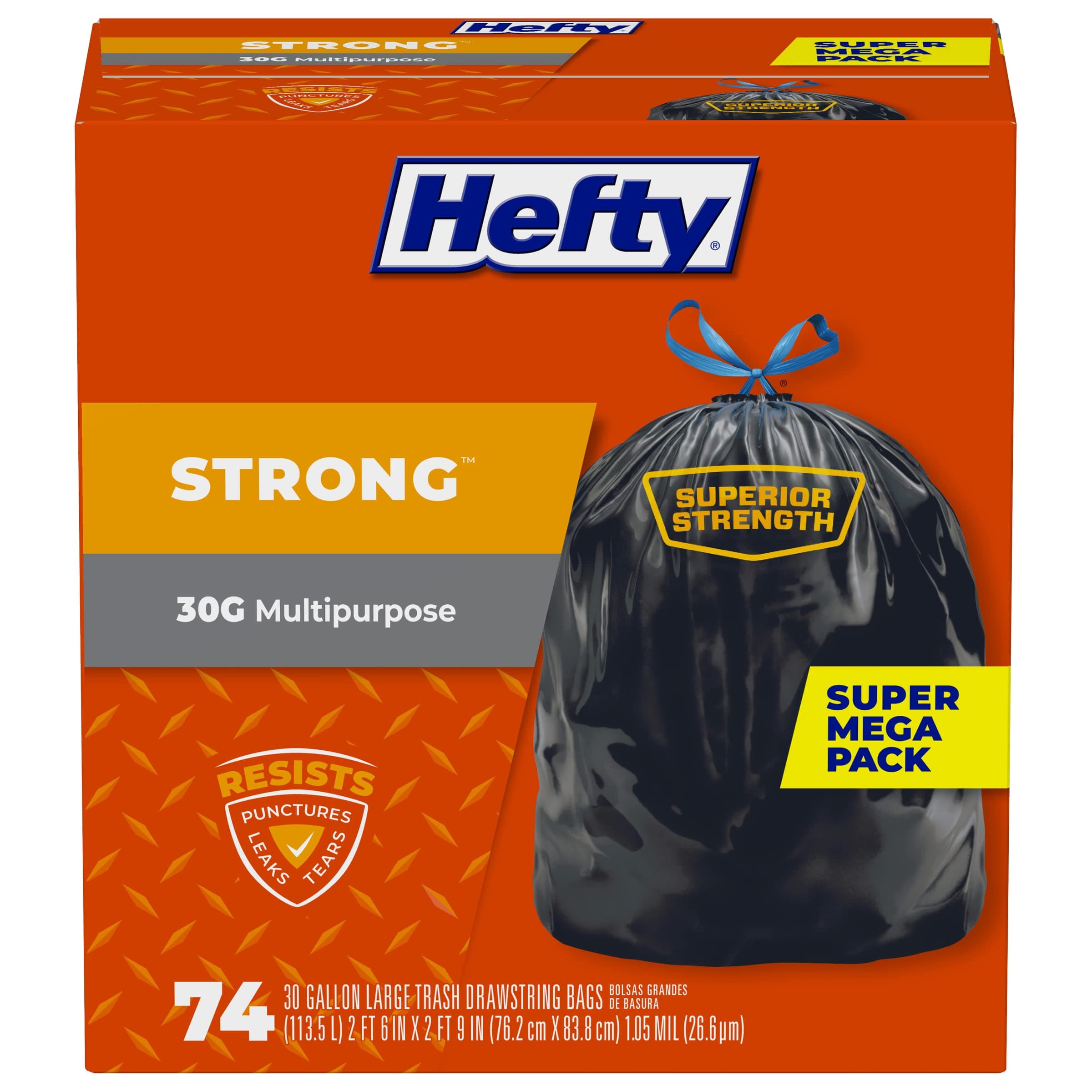 Strong Large Trash Bags, Black, 30 Gallon, 74 Count