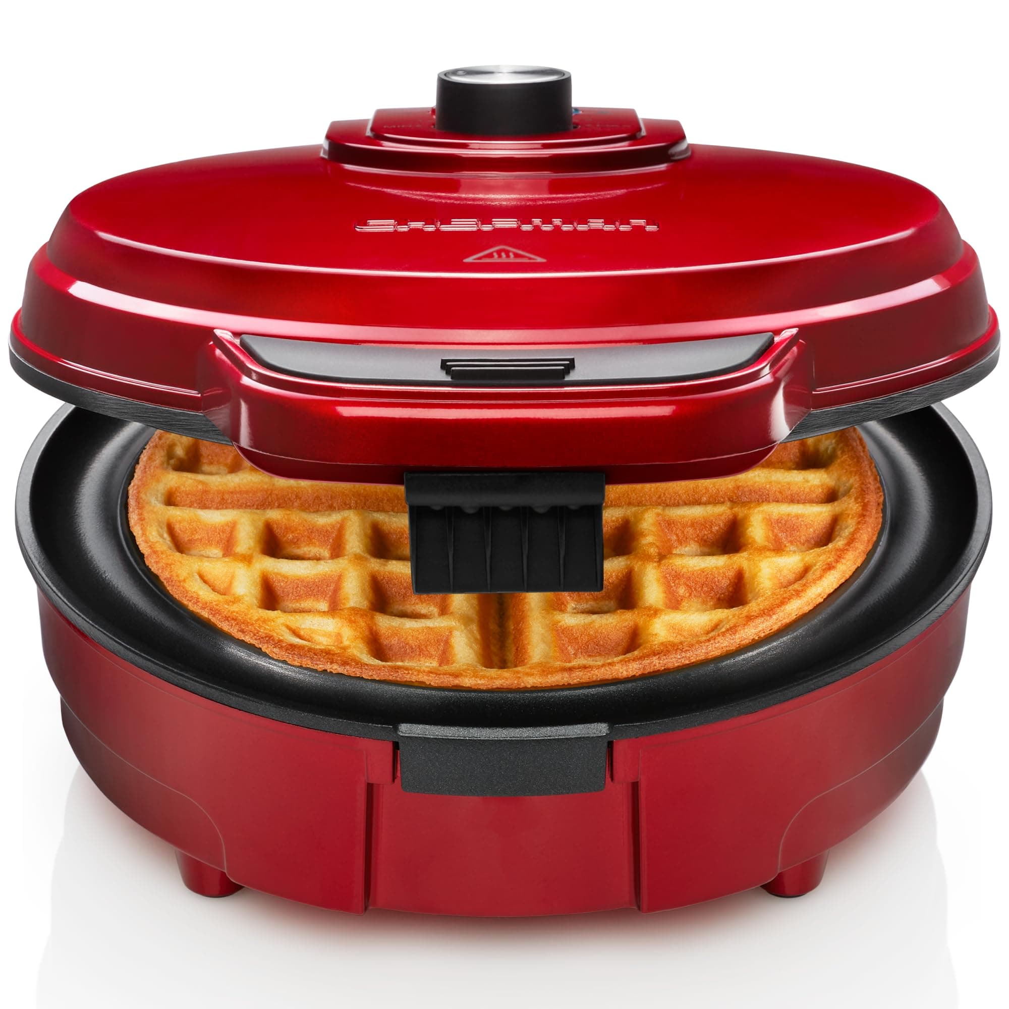 Chefman Anti-Overflow Belgian Waffle Maker w/Shade Selector, Temperature Control Mess Free Moat, Round Iron w/Nonstick Plates & Cool Touch Handle, Measuring Cup Included, Red