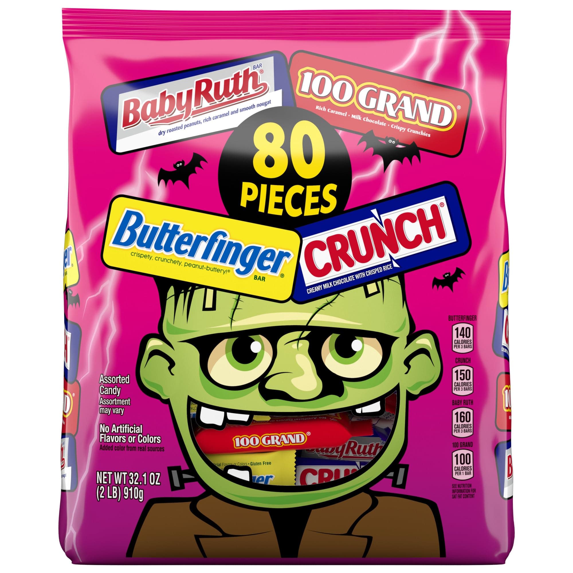 CRUNCH, Baby Ruth, 100 Grand Fun Size, Assorted Candy Bars, Great for Sharing, Bulk 80 Count Pack, 32.1 oz