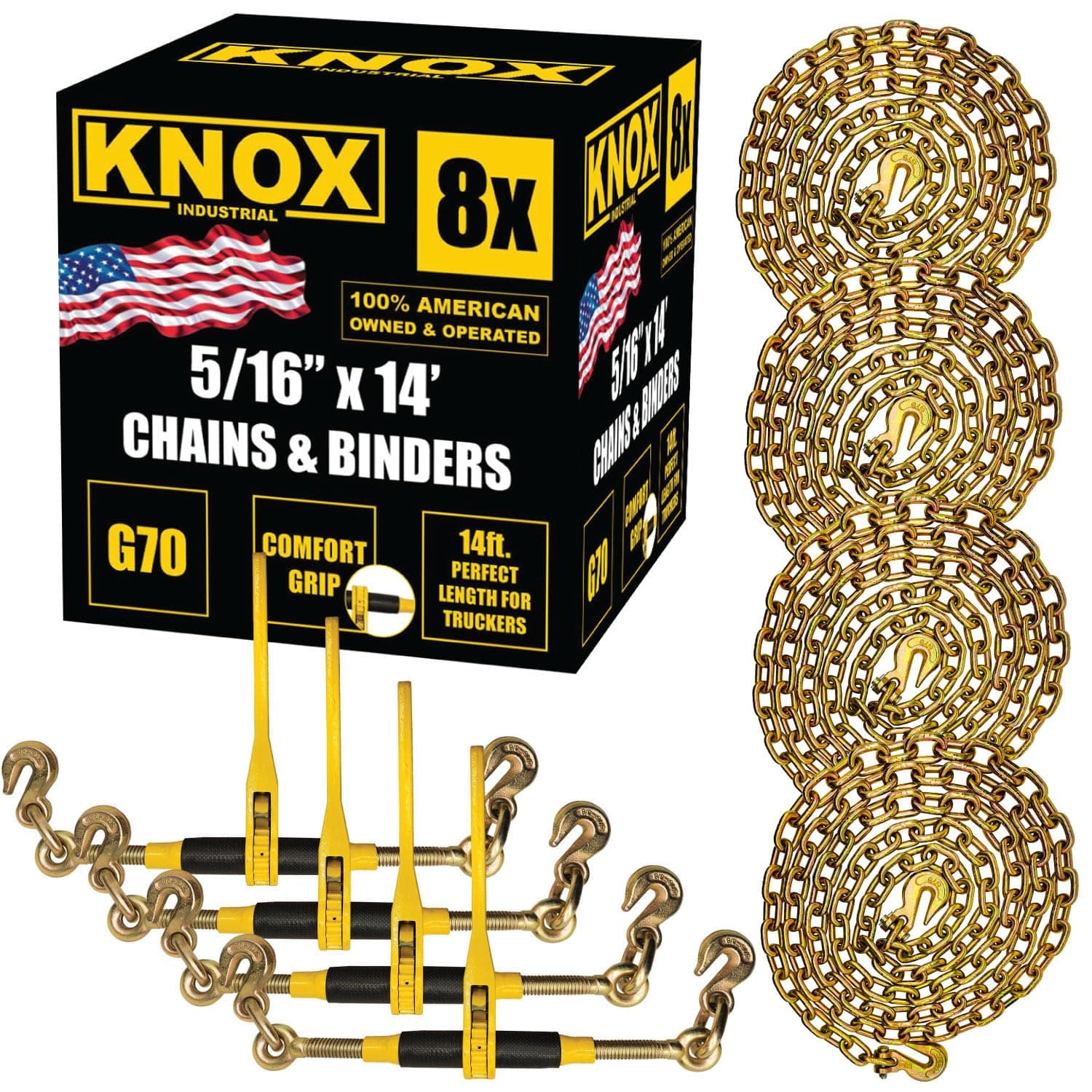 Knox Chain Load Binder, 5/16" Equipment Tie Down Kit w/ 5400 LBS Working Load Tiedown and Two Grab Hooks, Includes (4) Ratchet Binders - (4) 14' Grade 70 DOT Hauling Transport Chains