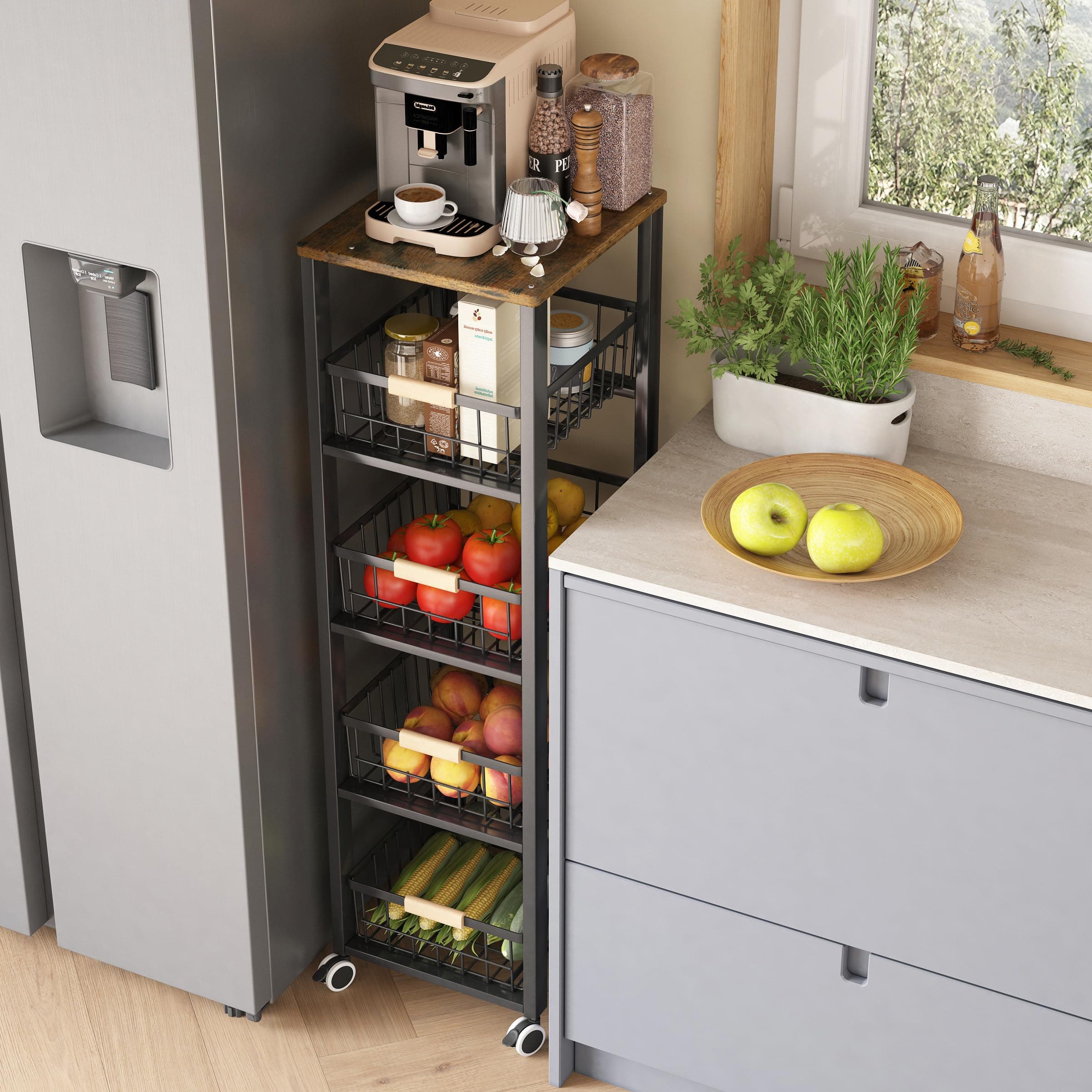 COVAODQ 5-Tier Kitchen Storage Trolley, Pull-Out Fruit Basket Stand, Vegetable Storage Rack On Wheelsy, Kitchen tall trolley with Wheels, Chefs Trolle(40cm*30cm*107cm -black)