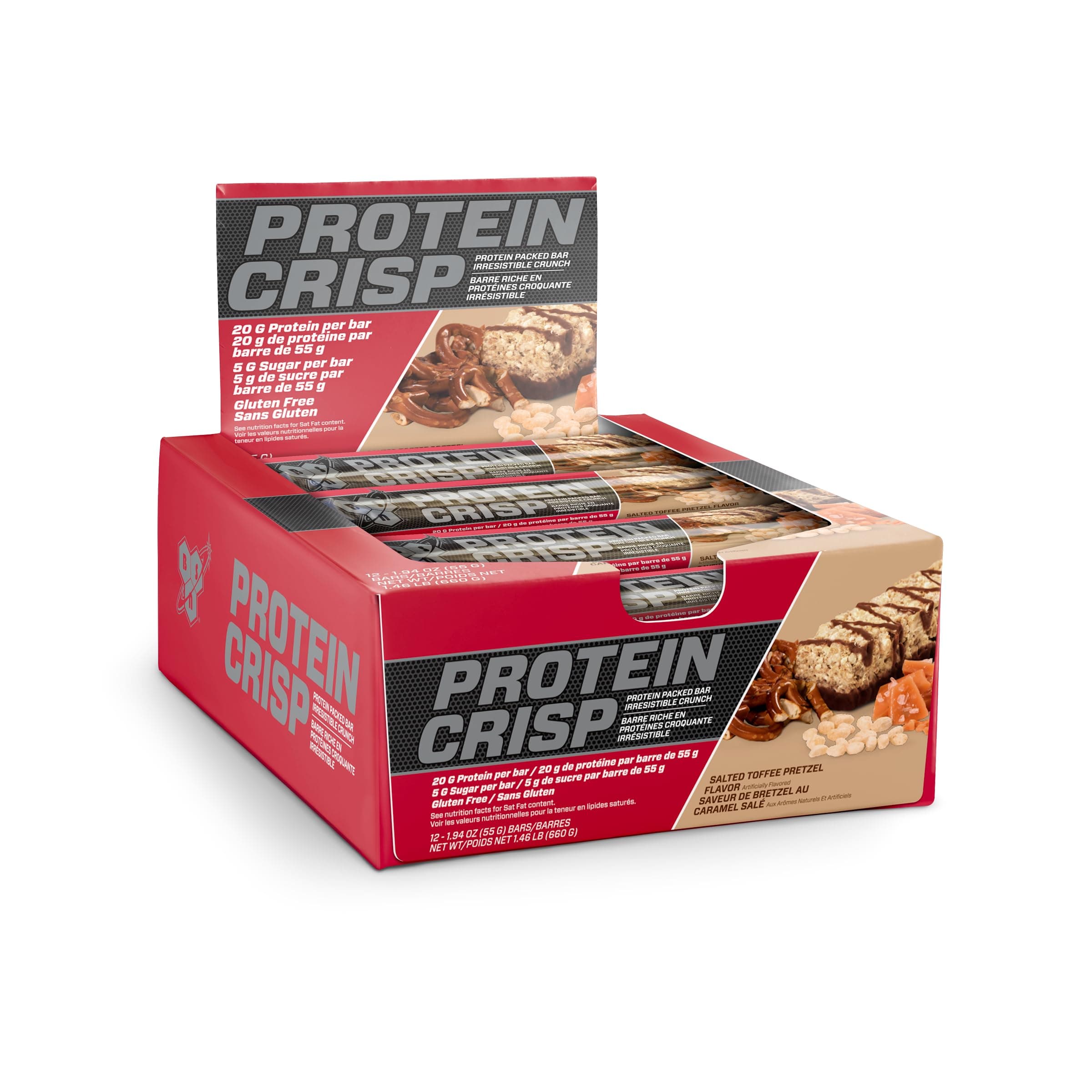 Protein Bars - Protein Crisp Bar by Syntha-6, Whey Protein, 20g of Protein, Gluten Free, Low Sugar, Salted Toffee Pretzel, 12 Count