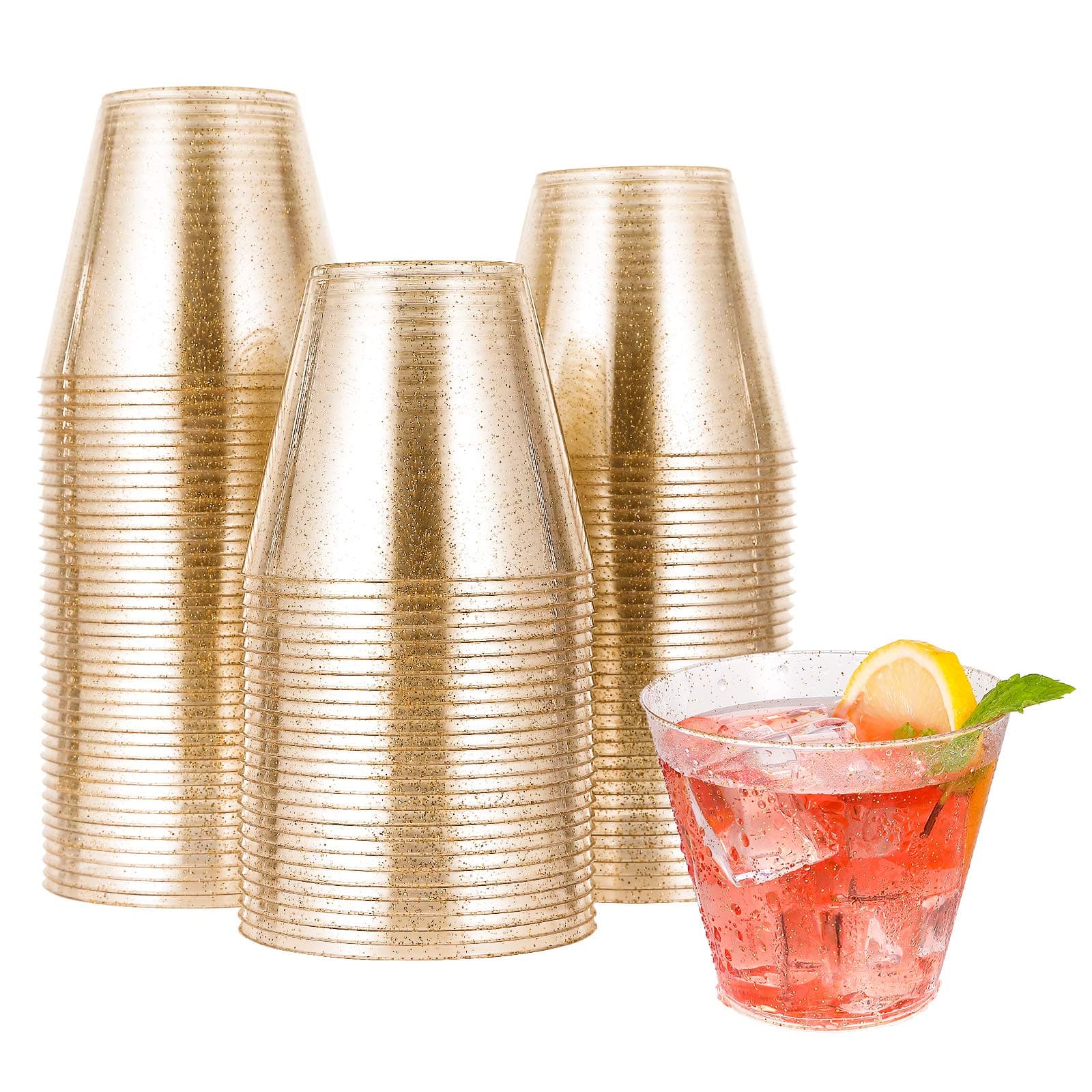 100 Pack 9 oz Gold Plastic Cups, Disposable Gold Glitter Plastic Cups Perfect for Wedding Thanksgiving, Christmas Party Cups