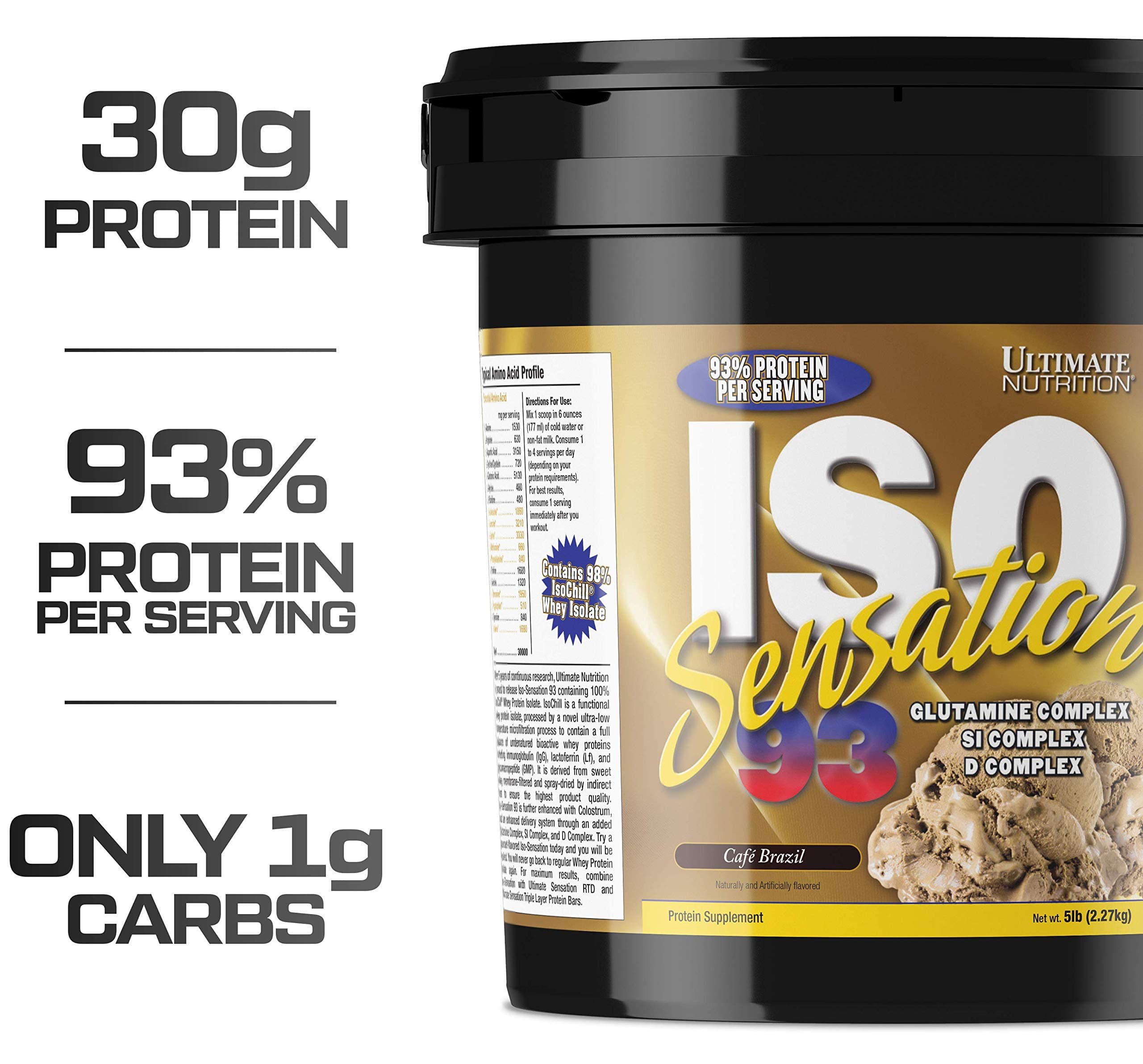Iso Sensation 93 with Glutamine, Whey Protein Isolate Powder, 30 Grams of Protein, Low Carb Protein Shakes, Keto Friendly, 5 Pounds, Café Brazil Flavoured