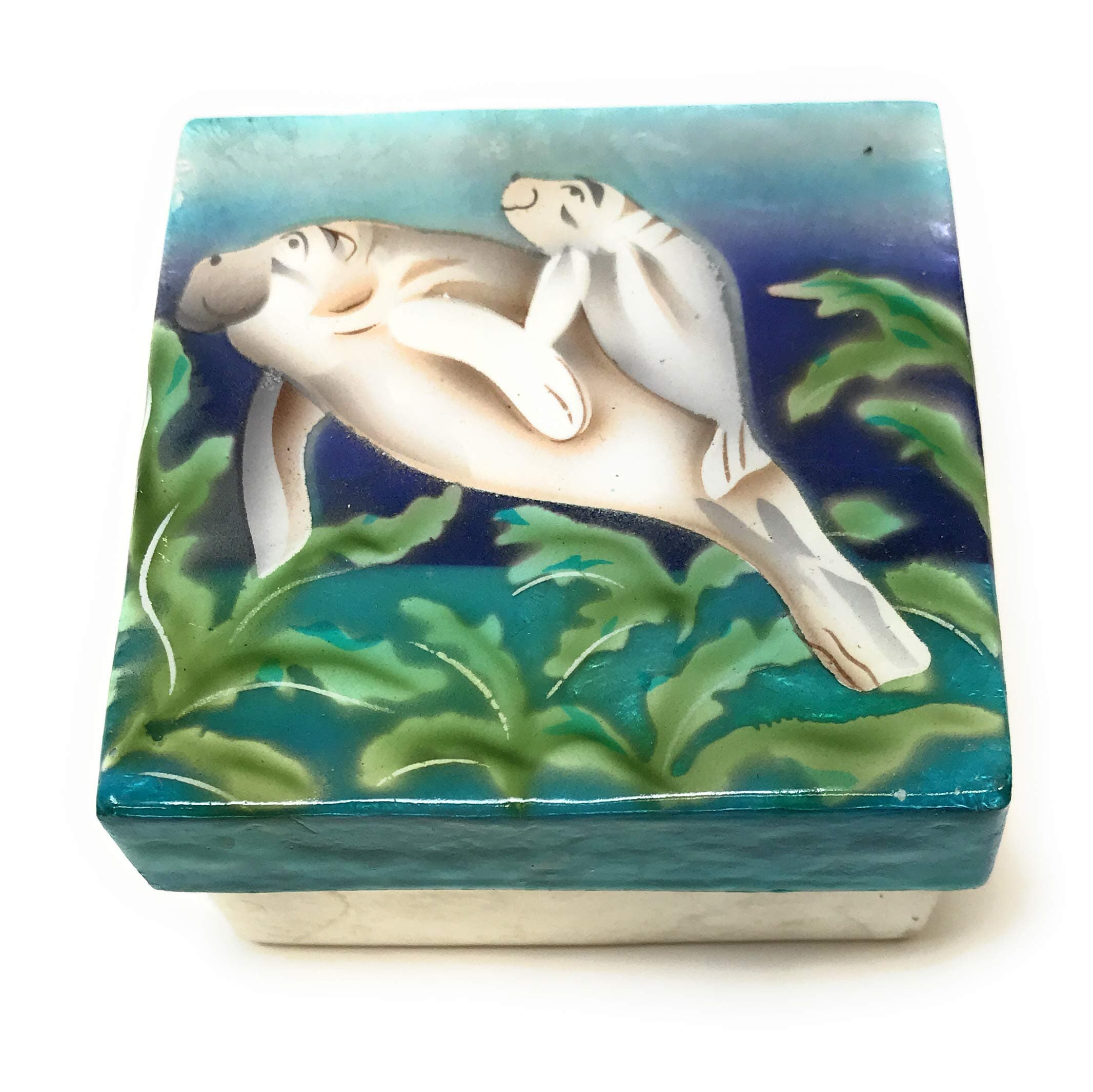 Manatee with Baby Capiz Shell Keepsake Box, 3 Inches X 3 Inches