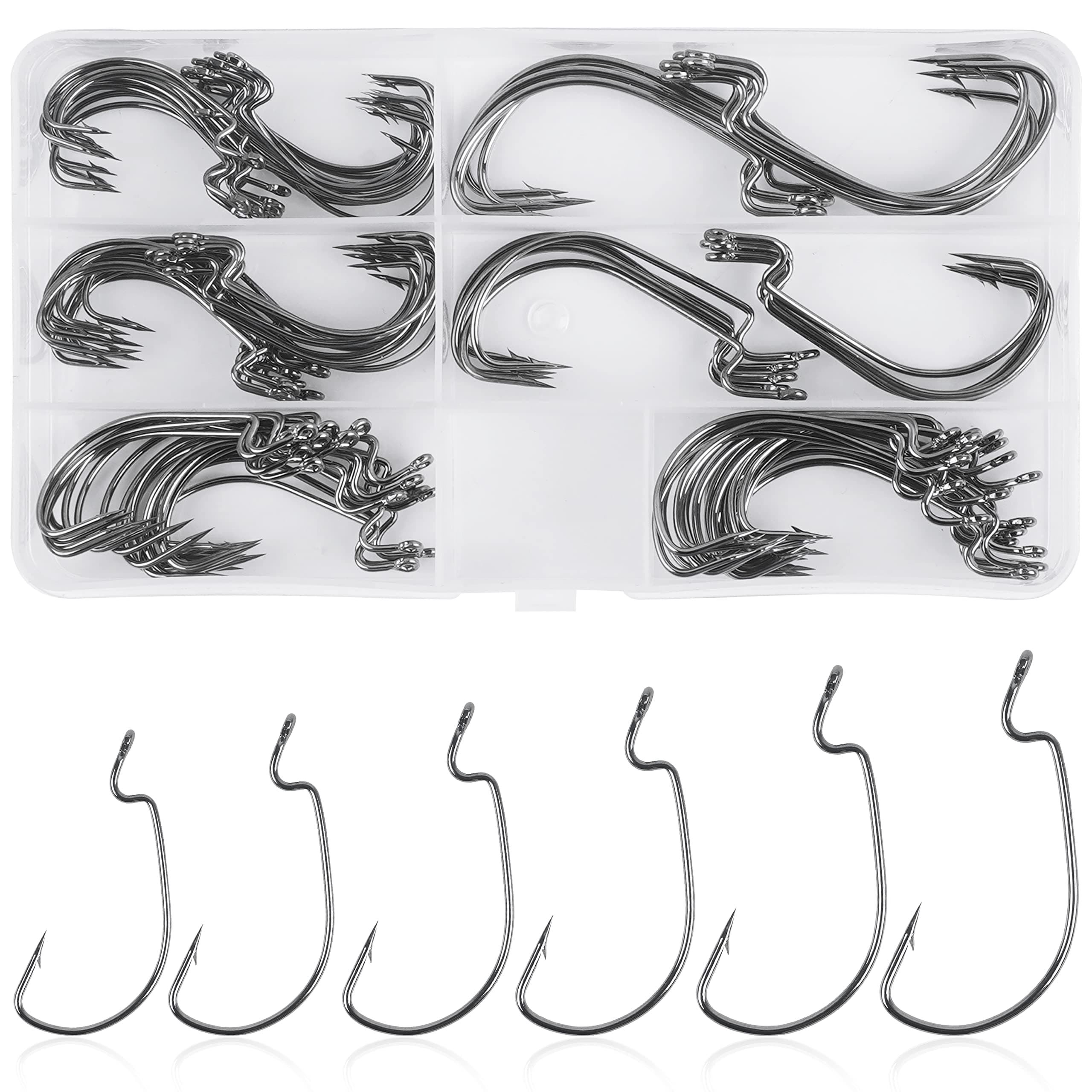 Bass Hooks Worm Hooks Ewg Hooks, 50pcs/100pcs Offset Worm Hooks Texas Rig Hooks 3X Strong High Carbon Steel Fishing Hooks for Soft Plastic Bait Jig Fish Hooks for Bass Trout 1-5/0