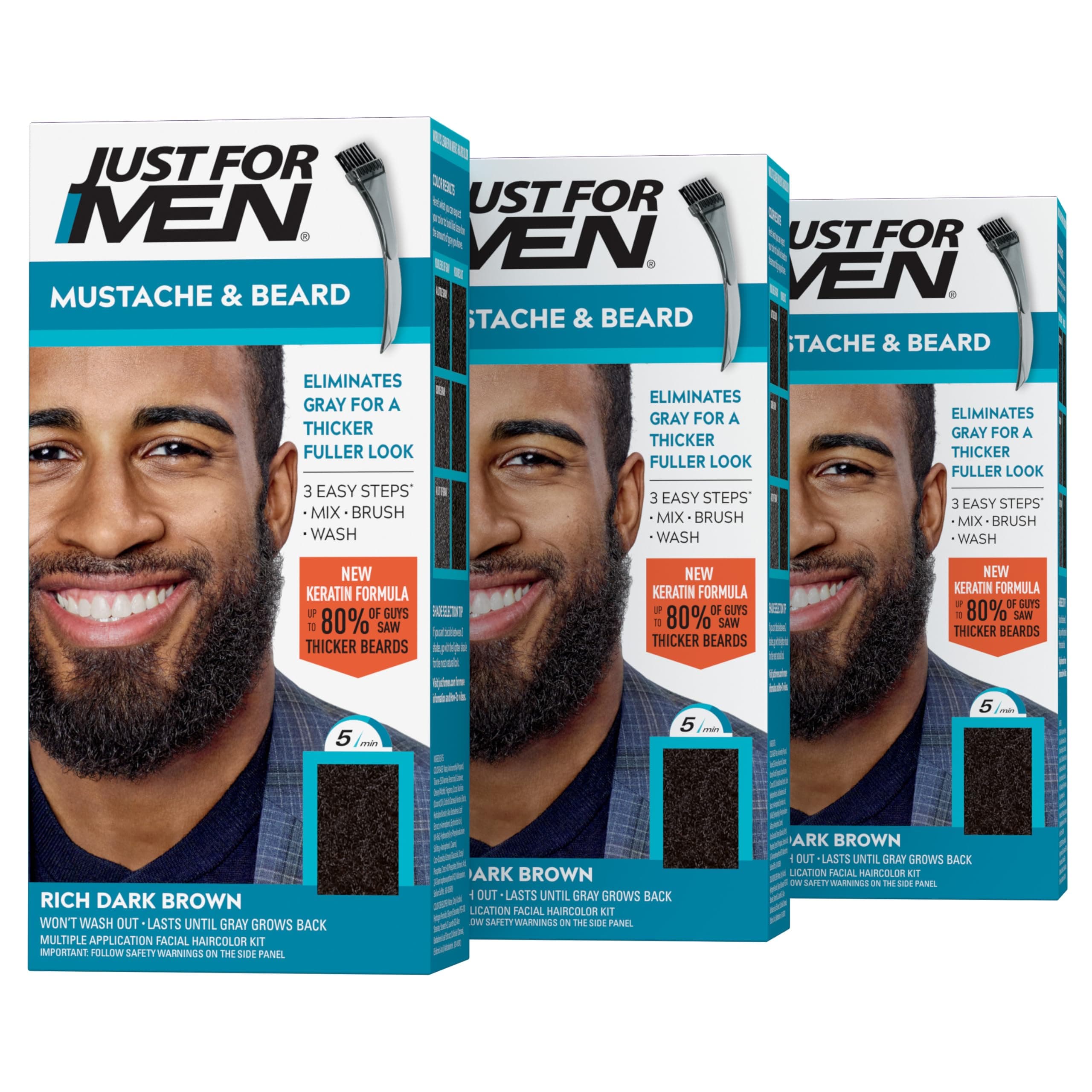 Mustache & Beard, Beard Dye for Men with Brush Included for Easy Application, With Biotin Aloe and Coconut Oil for Healthy Facial Hair - Rich Dark Brown, M-47, Pack of 3