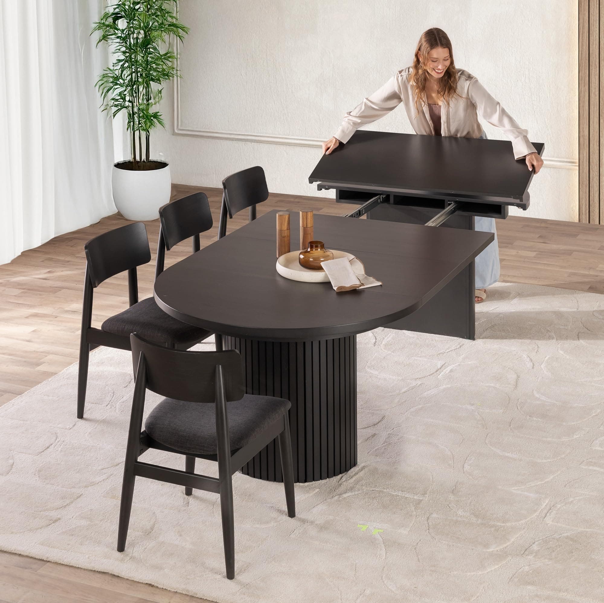 Transformer Table - Solid Wood Extendable Round Dining Table Set with 4 Chairs, Seats 4-10 Extendable Round Dining Set, Black (Table + 4 Chairs)
