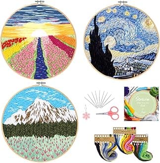 Santune 3 Sets Embroidery Starter Kit with Pattern and Instructions, Cross Stitch Set, Stamped Embroidery Kits with 3 Embroidery Pattern, 1 Embroidery Hoops (Van Gogh-Rainbow-Mountain)