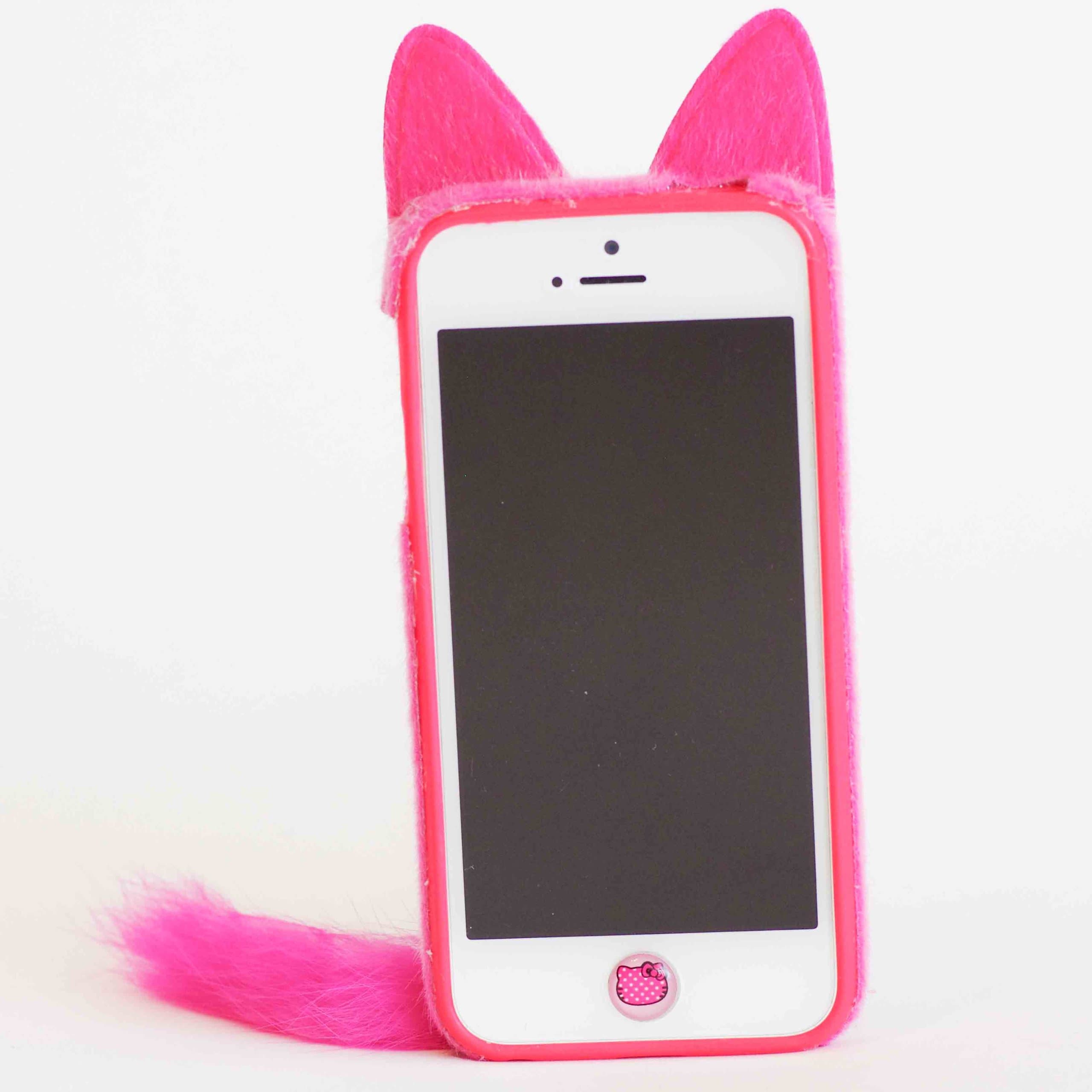 3D Cute Smile Charming Plush Cat Ear Tail Case Cover Skin For Apple iphone 5 5S 5G + [ 1 Free Screen Protector] (Rose Red)