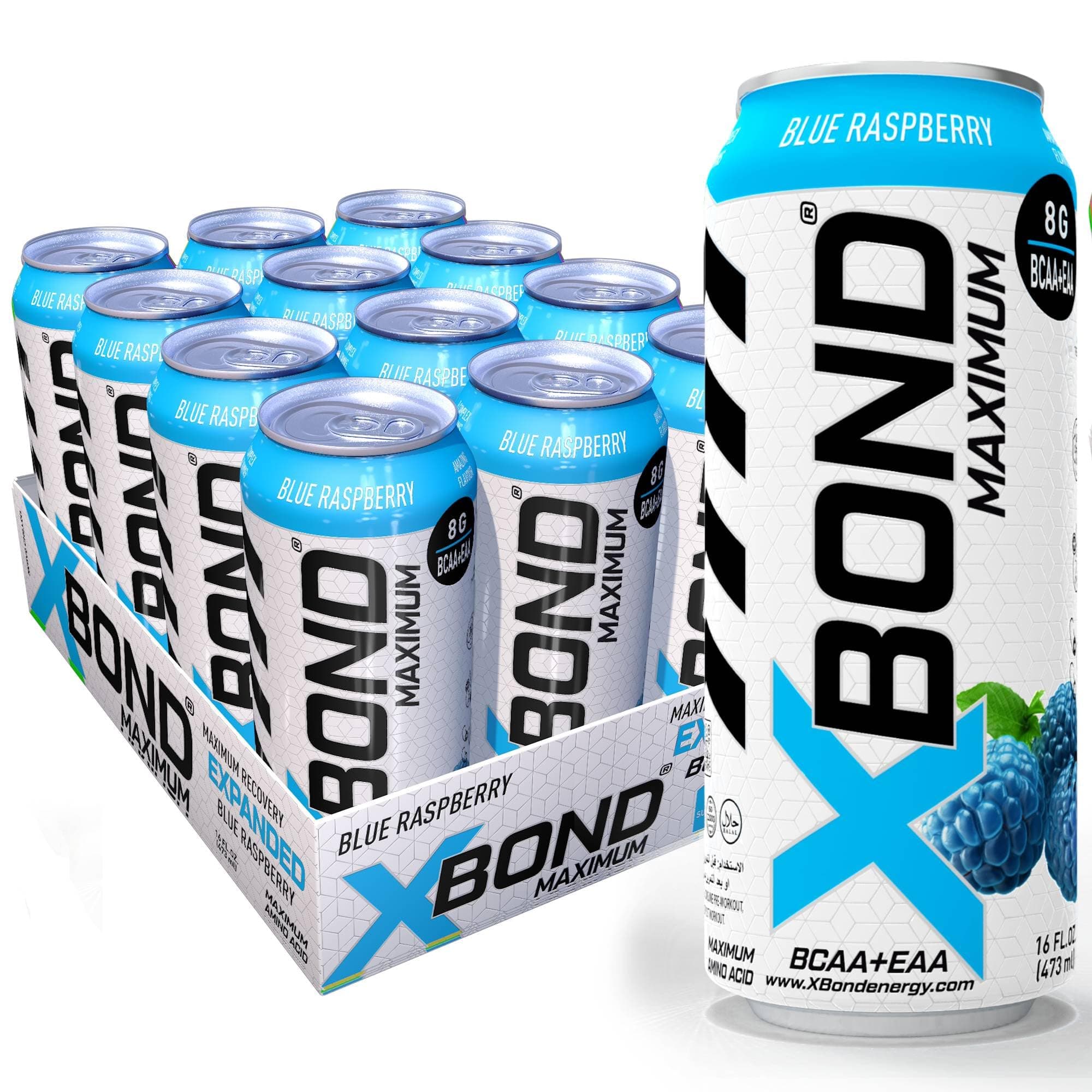 XBOND Maximum Recovery Blue Raspberry Expanded Maximum Amino Drink - BCAA + EAA Electrolytes Drink - 16 fl oz (473 ml) - 8g BCAA/EAA, Sugar Free 34 Calories, 60mg Caffeine Pack of 12