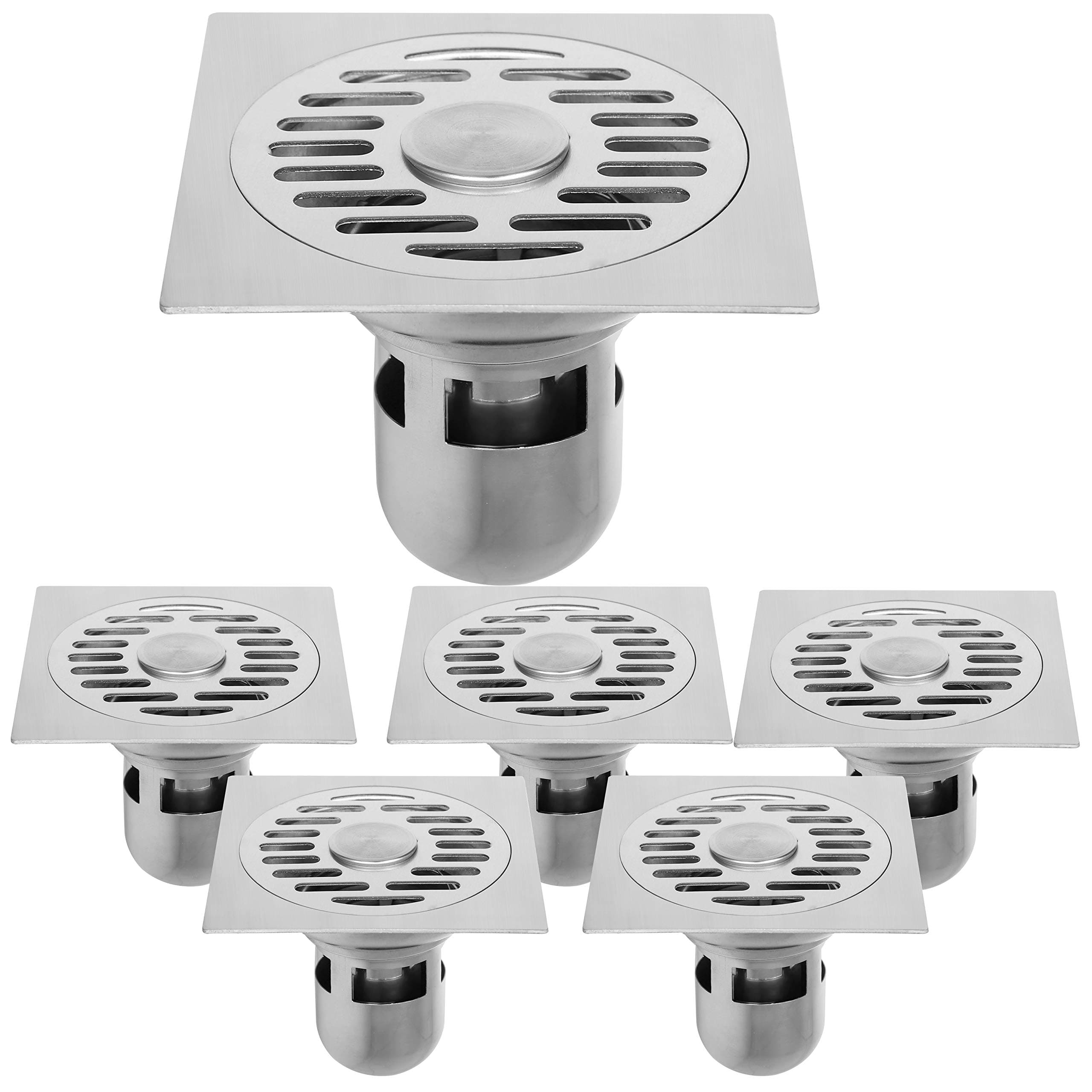 WEBI Shower Drain, Floor Drain -6 Pcs Squared, 4.7-Inches, Unclog, Quick-drain, Anti-Backing-up, With Removable Strainer & Grate Cover, for Bathroom Kitchen - Stainless Steel 304, Brushed Nickel