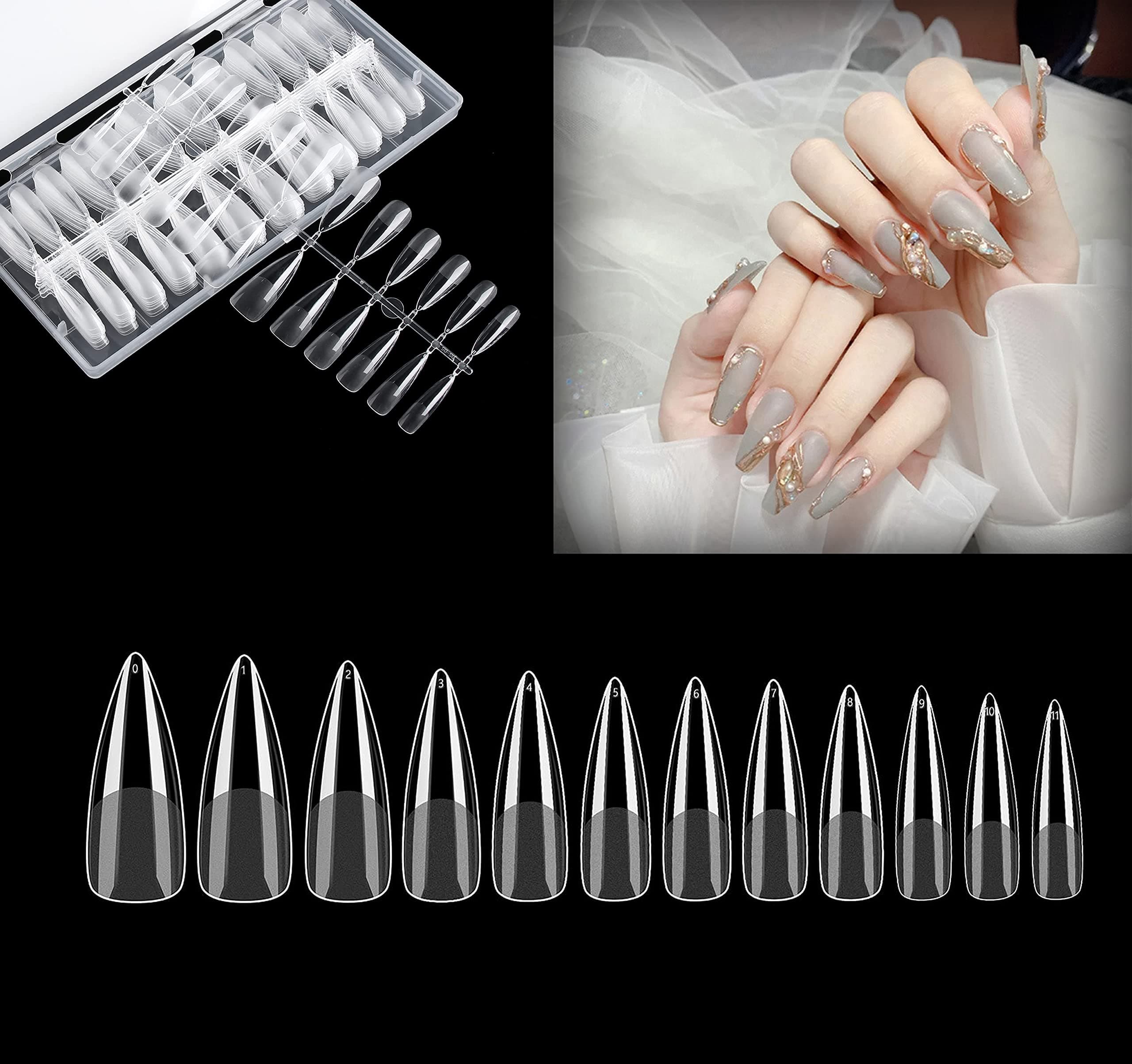 MAKINGTEC Soft Gel Full Cover Nail Tips, 240PCS 12 Sizes Clear Gel Nail Tips Long Stiletto Gelly Tips with Case for Press On Nail Extension DIY Manicure Soak Off