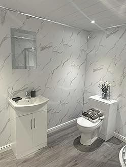 DBS Bathrooms White Marble 8mm PVC Bathroom Wall Panels, Shower Wet Wall, Kitchen Cladding (12 Panels)