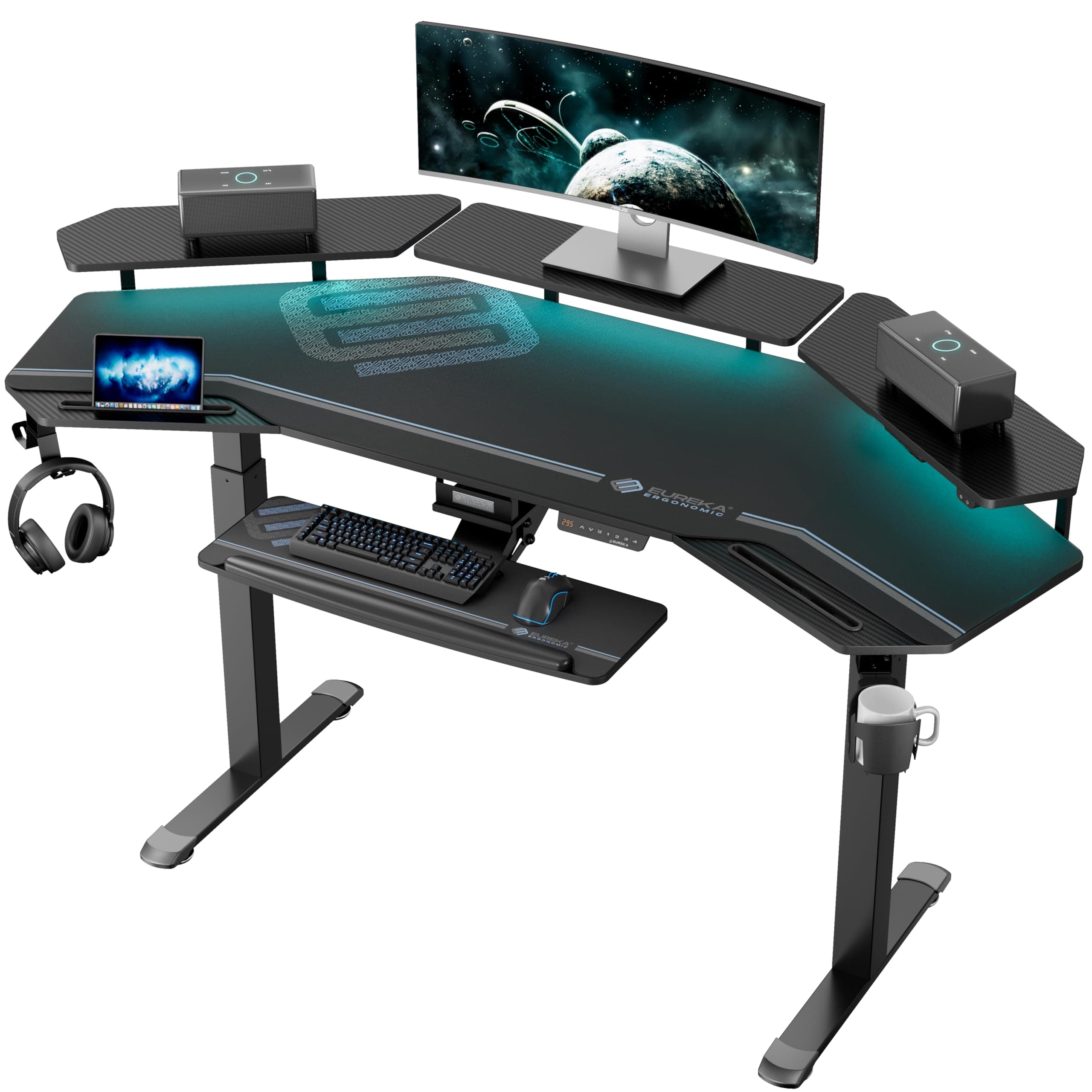 EUREKA ERGONOMIC Standing Desk Keyboard Tray, Wing Shaped, 72'' Large Studio Music Desk, LED Convertible Shelves, Electric Height Adjustable Dual Motor, Gaming Recording Live Stream, Slot Design