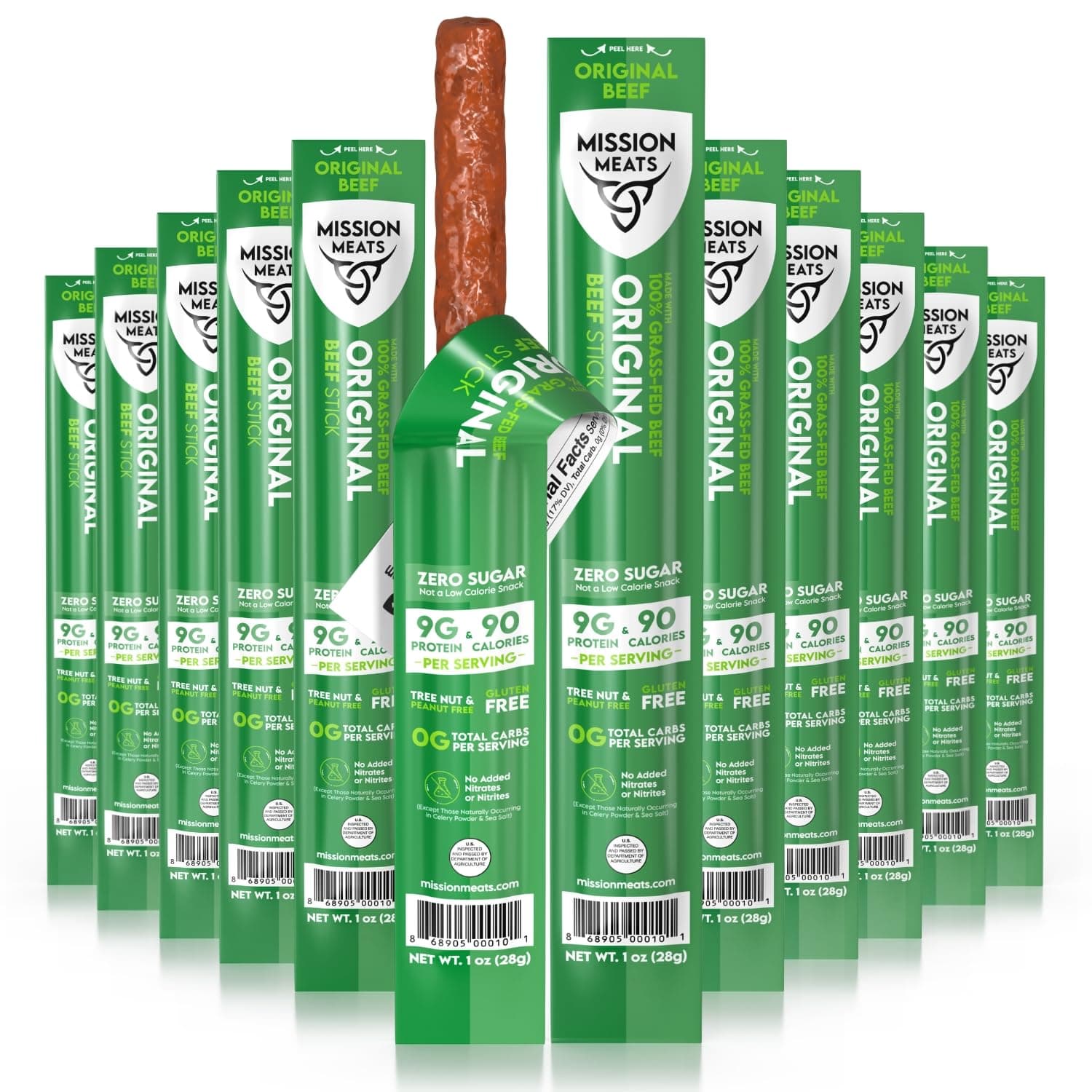 Mission Meats Beef Sticks – 100% Grass Fed Beef, Zero Sugar, Healthy Snacks, Individually Wrapped, Gluten Free, Non-GMO, Original 1oz (Pack of 12)