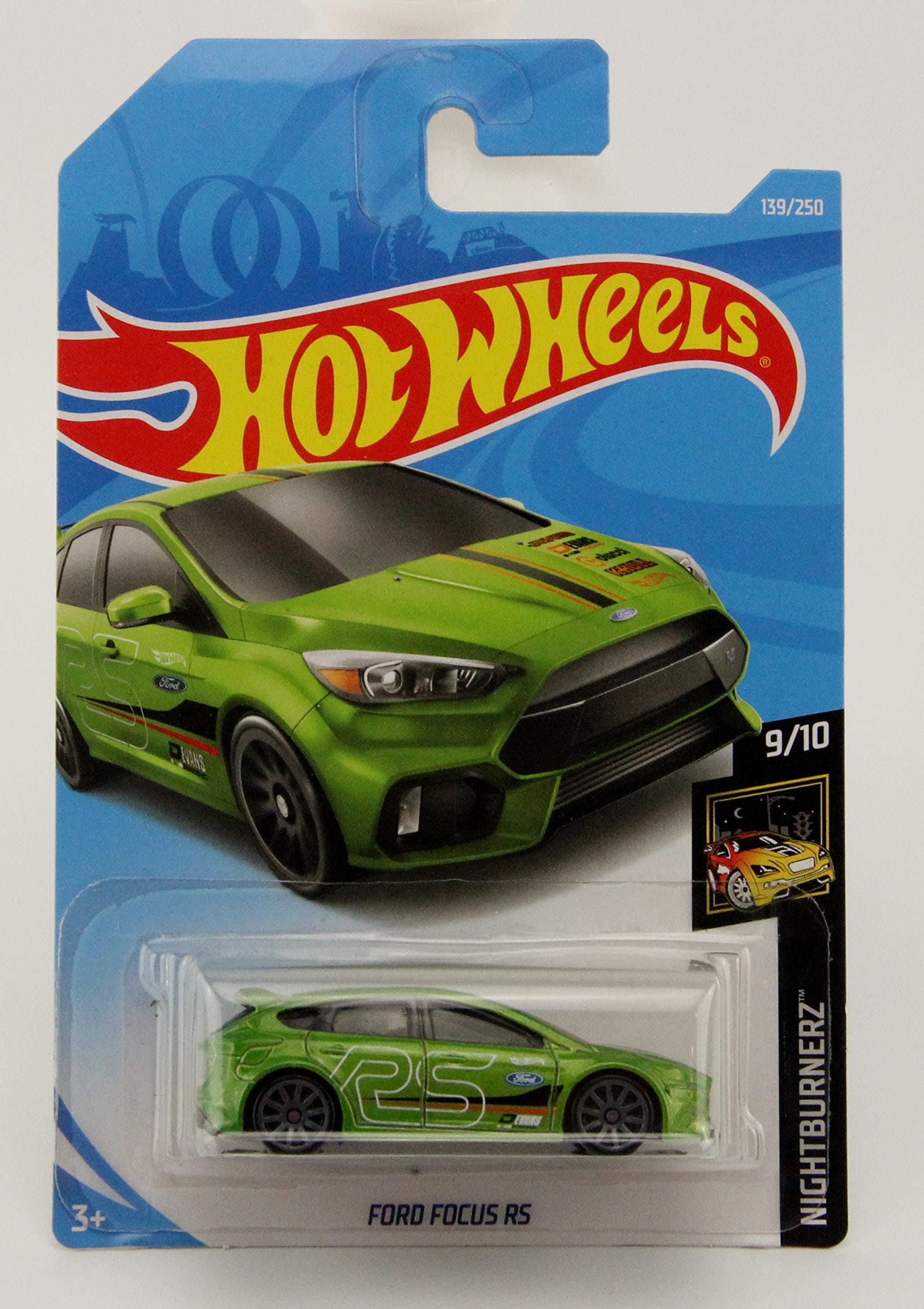 Hot Wheels 2019 Basic Mainline Nightburnerz: Ford Focus RS (Green) - International Card