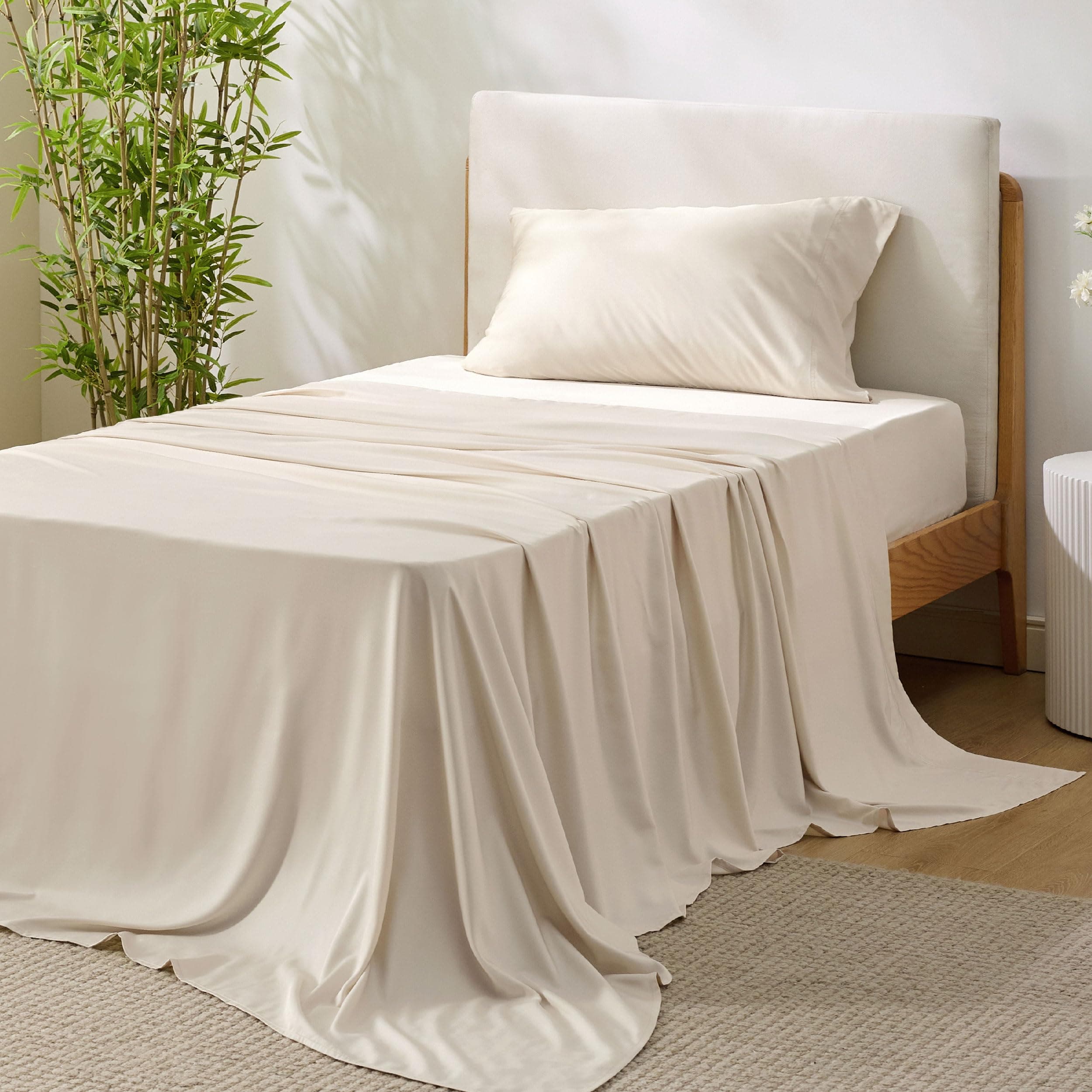 Bedsure Cooling Sheets Twin, Rayon Derived from Bamboo, PureWoven, Breathable & Soft Twin Sheets Set, Deep Pocket Up to 16 Inches, Hotel Luxury Silky Bedding for Hot Sleepers, Light Beige