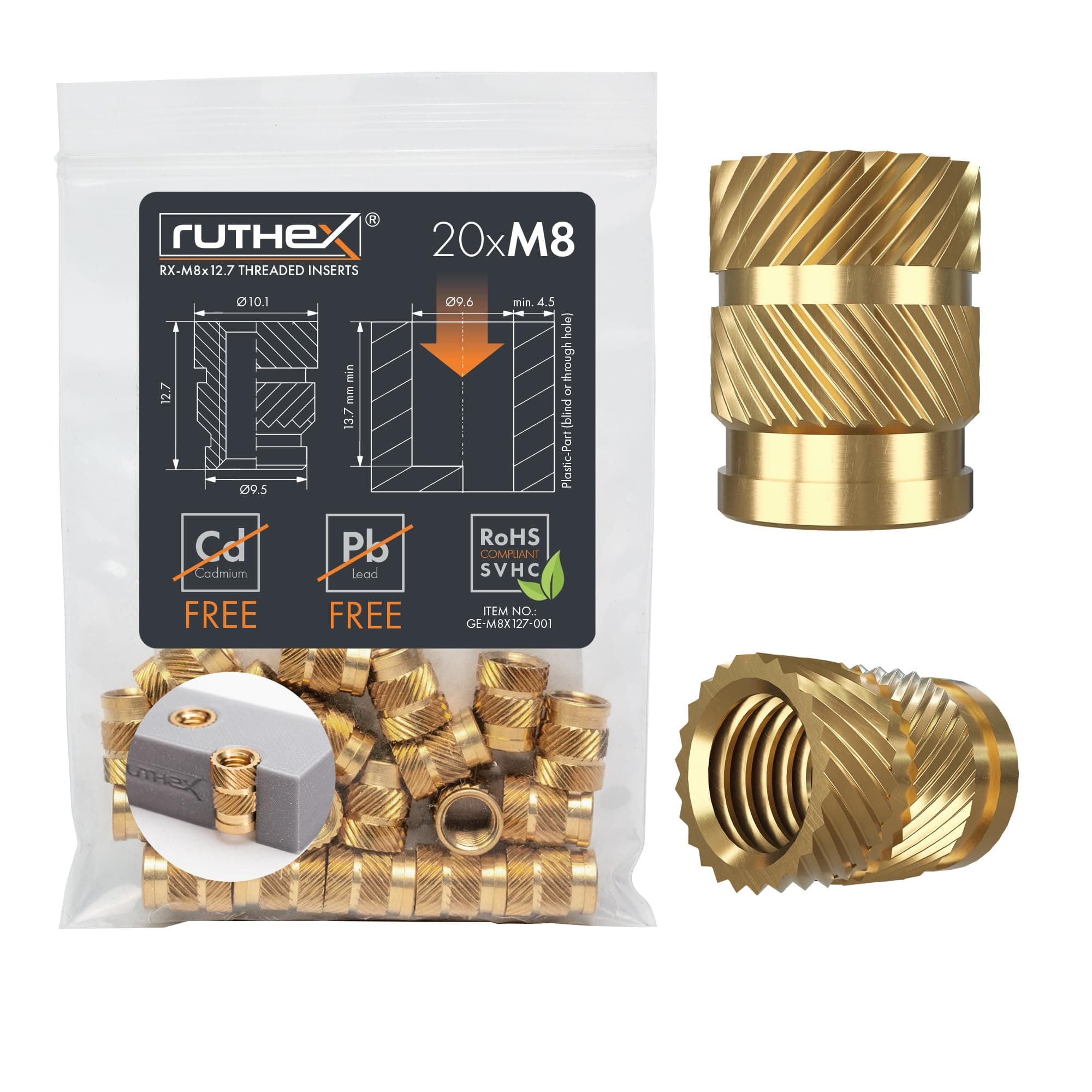 ruthex M8 Threaded Inserts - 20 Pieces RX-M8x12.7 Brass Heat Set Insert for Plastic Parts - Metric knurled Nuts - Insert by Heat into 3D Printing Components