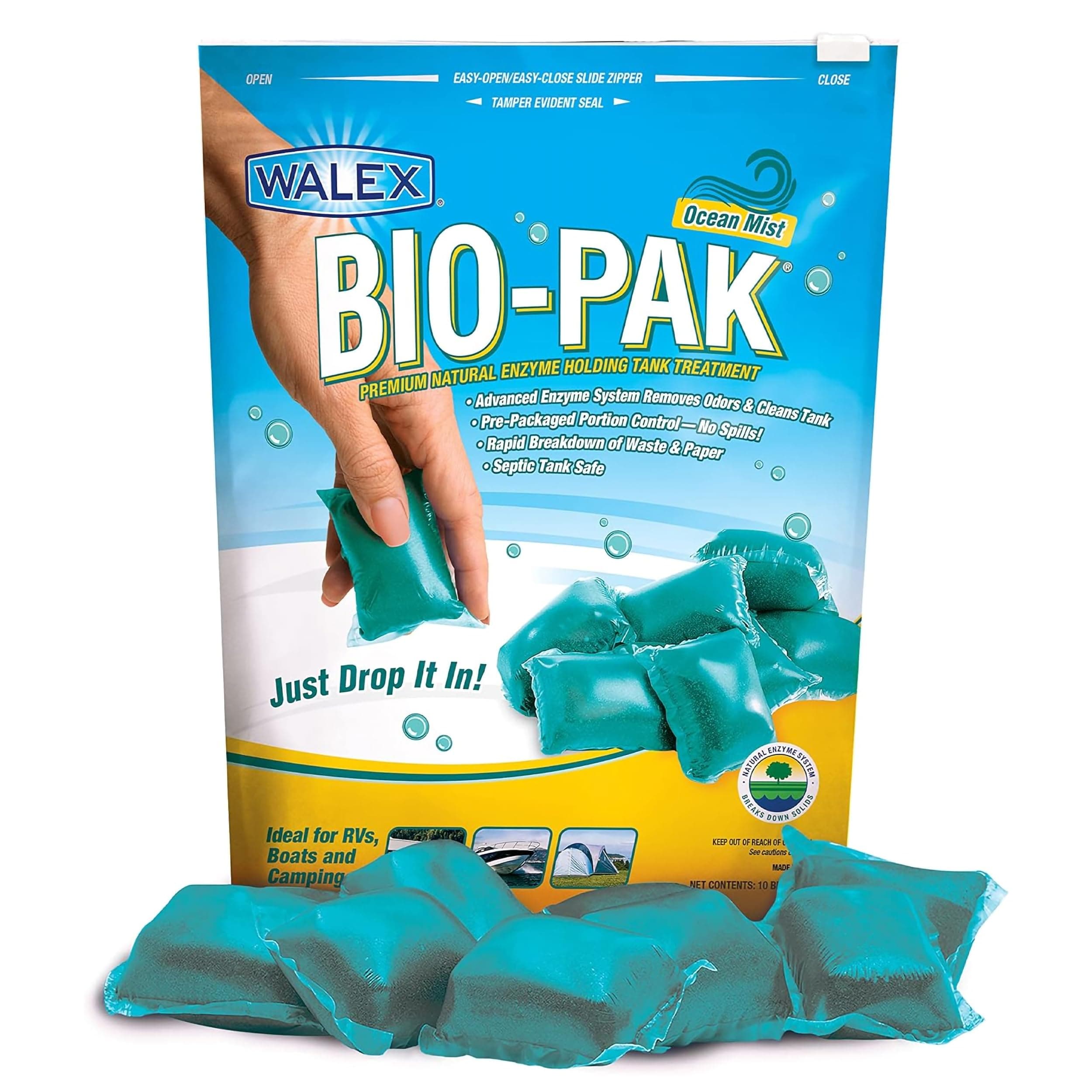 Bio-Pak Black Holding Tank Deodorizer & Waste Digester Drop-Ins - Advanced Enzyme Formula for Rapid Breakdown of Waste & Paper, Removes Odors & Cleans Tank, Ocean Mist, 10-Pack