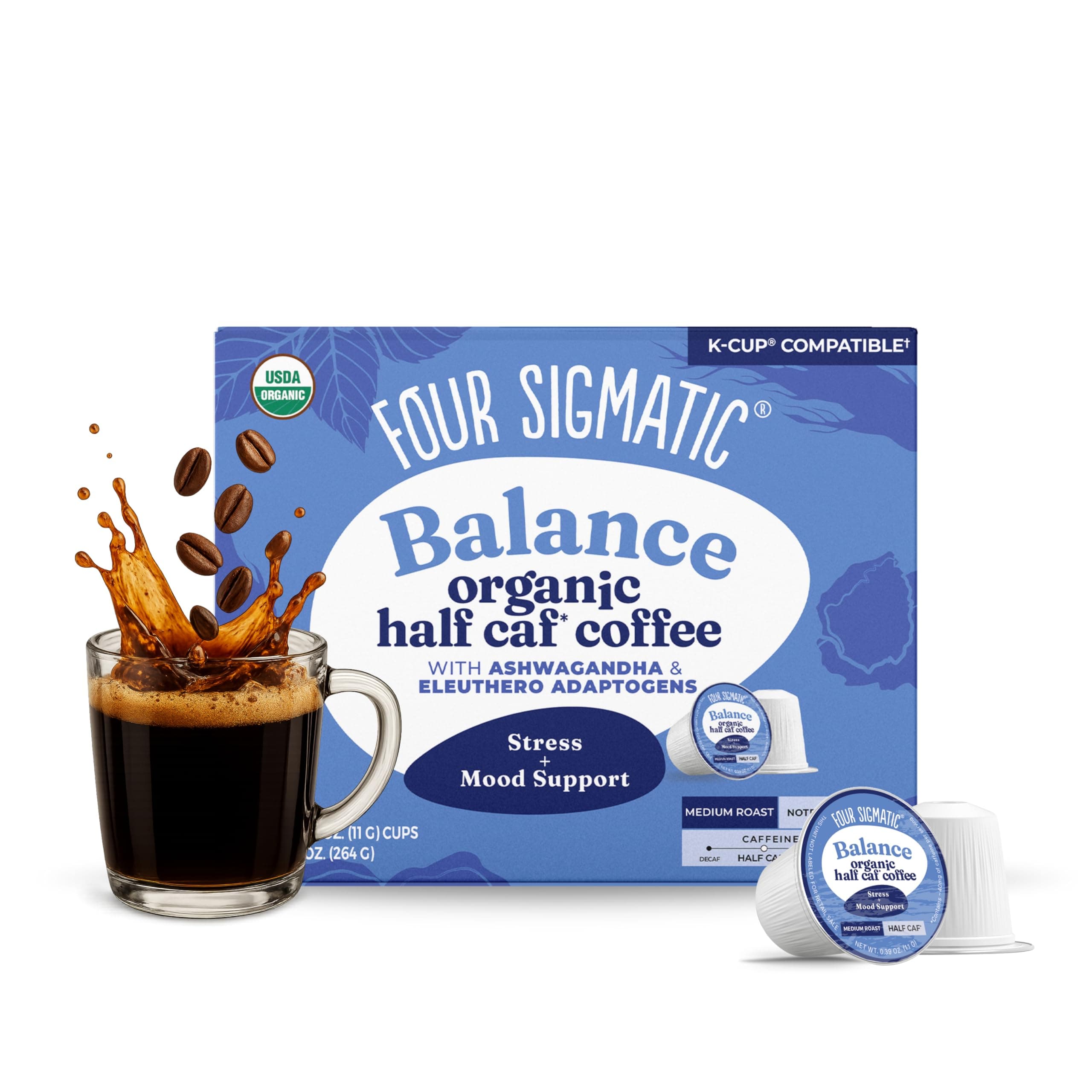 Four Sigma Foods Four Sigmatic Adaptogen Coffee k-cups, Medium Roast Ground Coffee with Ashwagandha Chaga&Tulsi Immune Support and stress relief keto,24 count