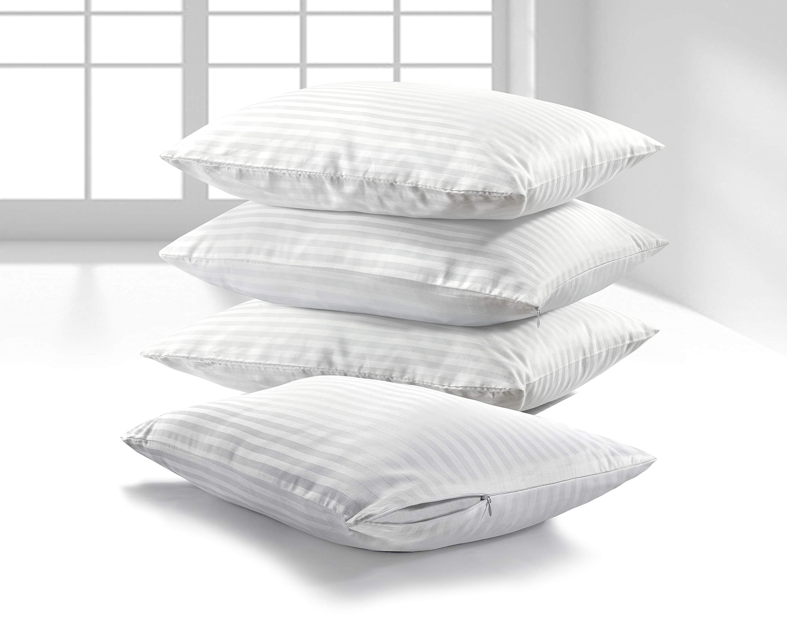 Pillow Protectors 2 Pack - 100% Brushed Microfiber Hotel Quality Soft Satin Stripe Zipped Pillow Covers - Hypoallergenic, Anti Allergy, Anti Dust Mite & Breathable Pillow Cases - White (48x74cm)