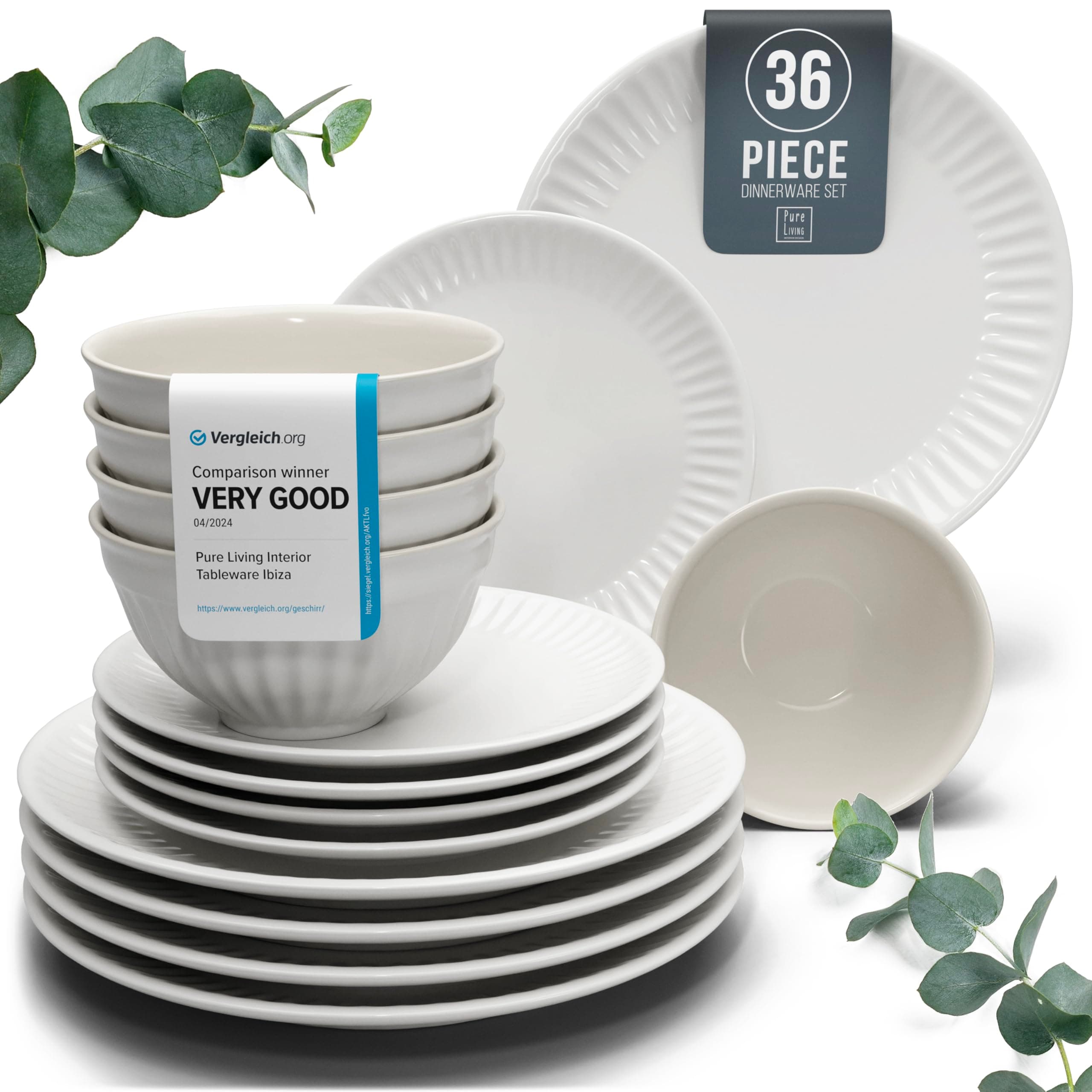 36-Piece Dinnerware Set - Bowl and Plate Set - Stoneware Dining Set for 12 People - Dishwasher and Microwave Safe - Grooved Dining Service in Light Grey